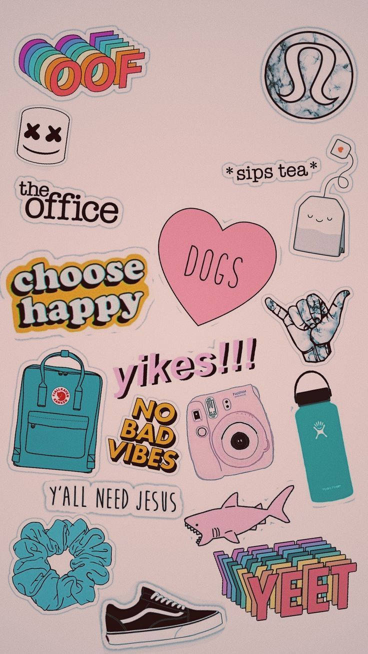 VSCO, pink wall, colorful stickers, HD Phone Wallpaper