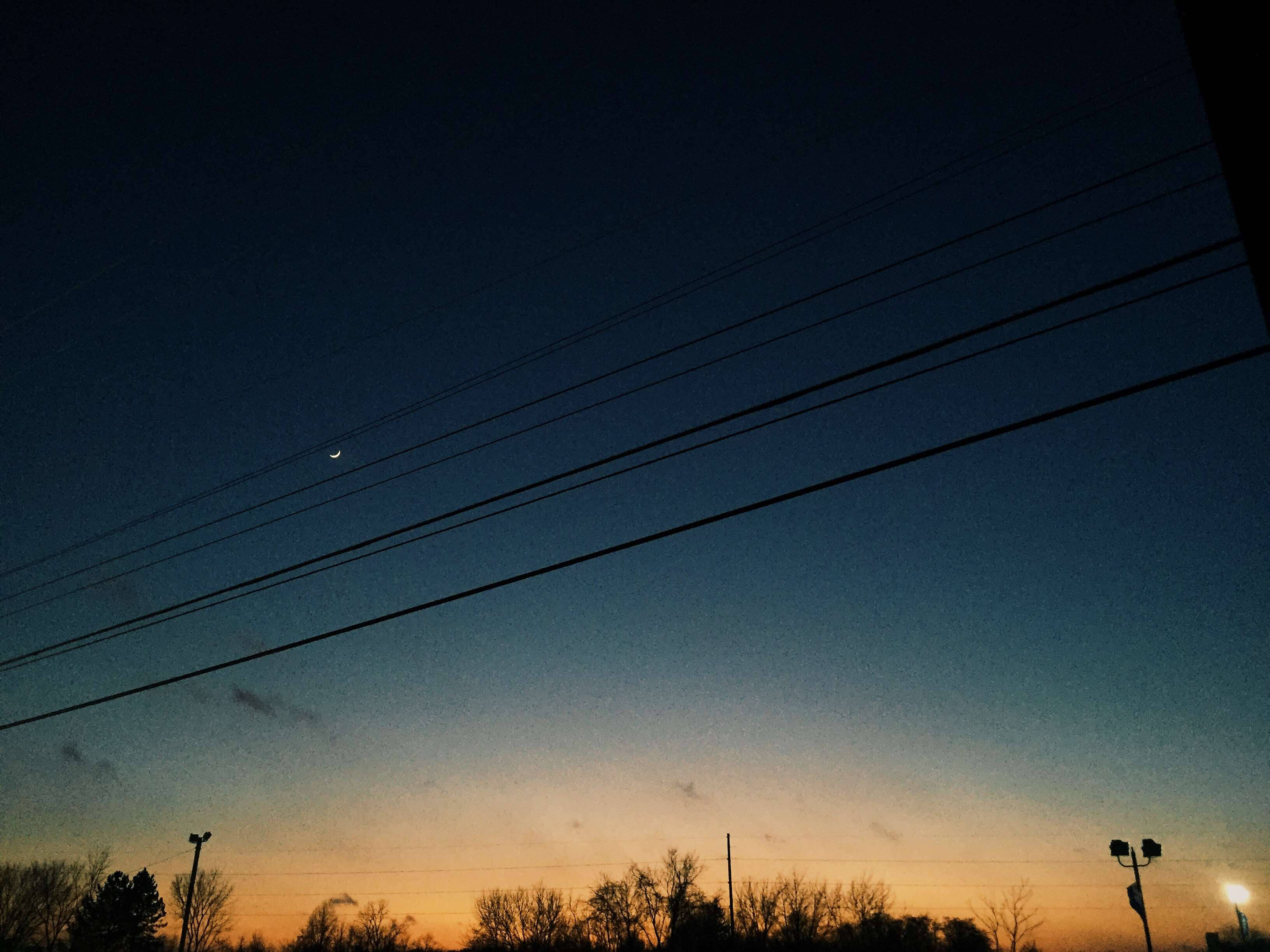 crescent moon, power lines, twilight sky, 2K Desktop Wallpaper