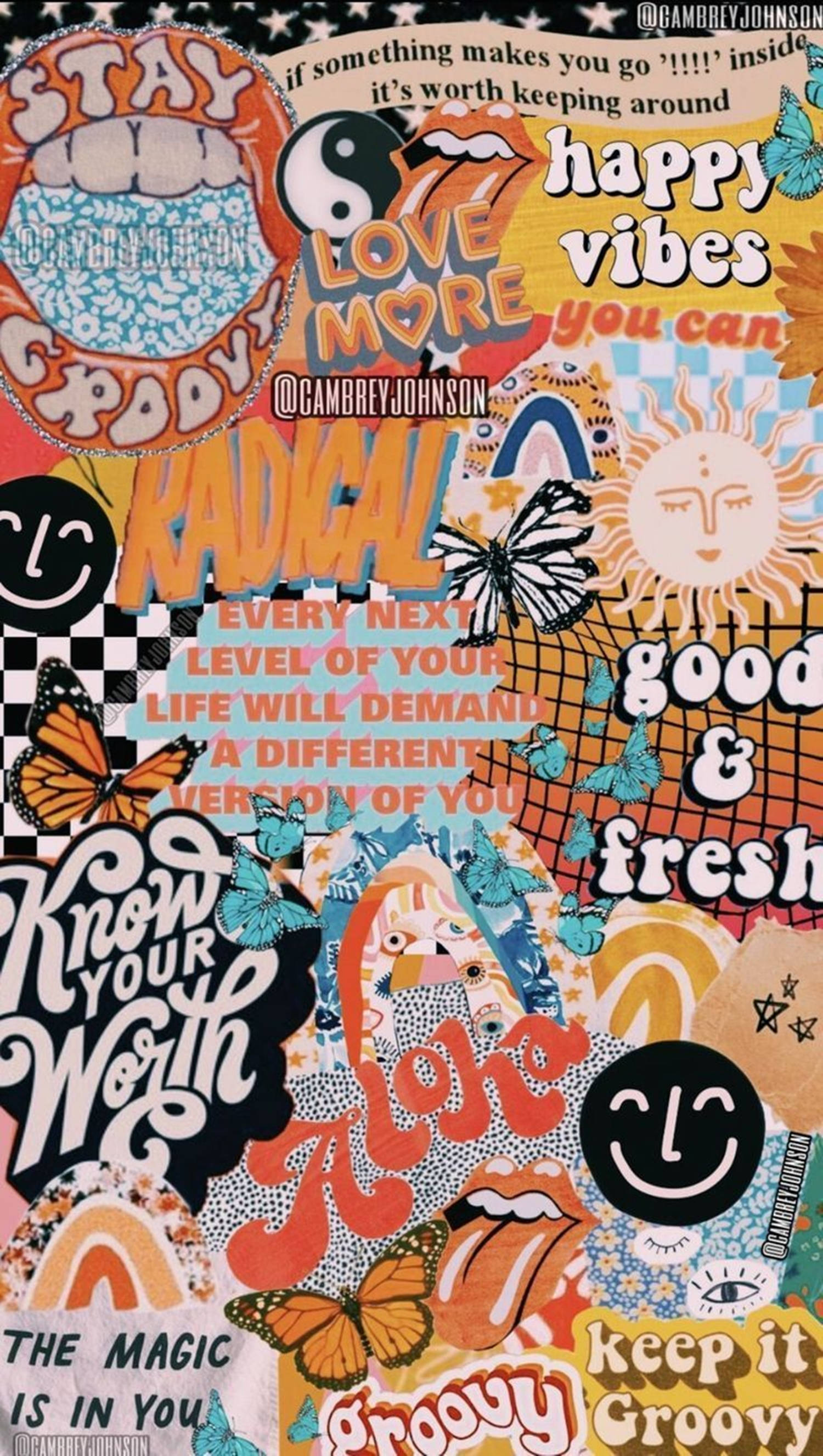 VSCO Collage, psychedelic stickers, butterflies, 2K Phone Wallpaper