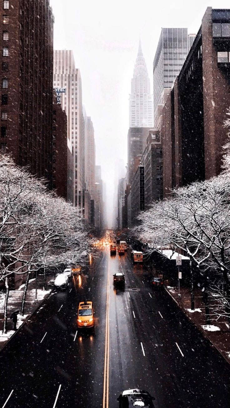 snowy street art, city skyscrapers, yellow taxis, HD Phone Wallpaper