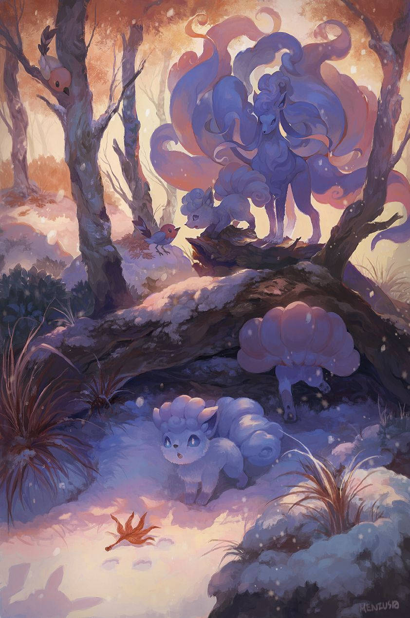 Vulpix, nine-tailed fox, swirling blue and purple fur, SD Phone Wallpaper