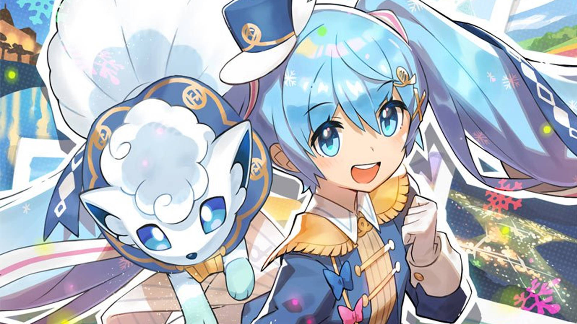 Vulpix, anime girl, blue hair, Full HD Desktop Wallpaper