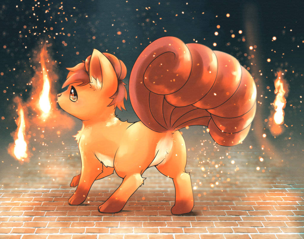 Vulpix, fiery fox-like creature, large curled tail, SD Desktop Wallpaper
