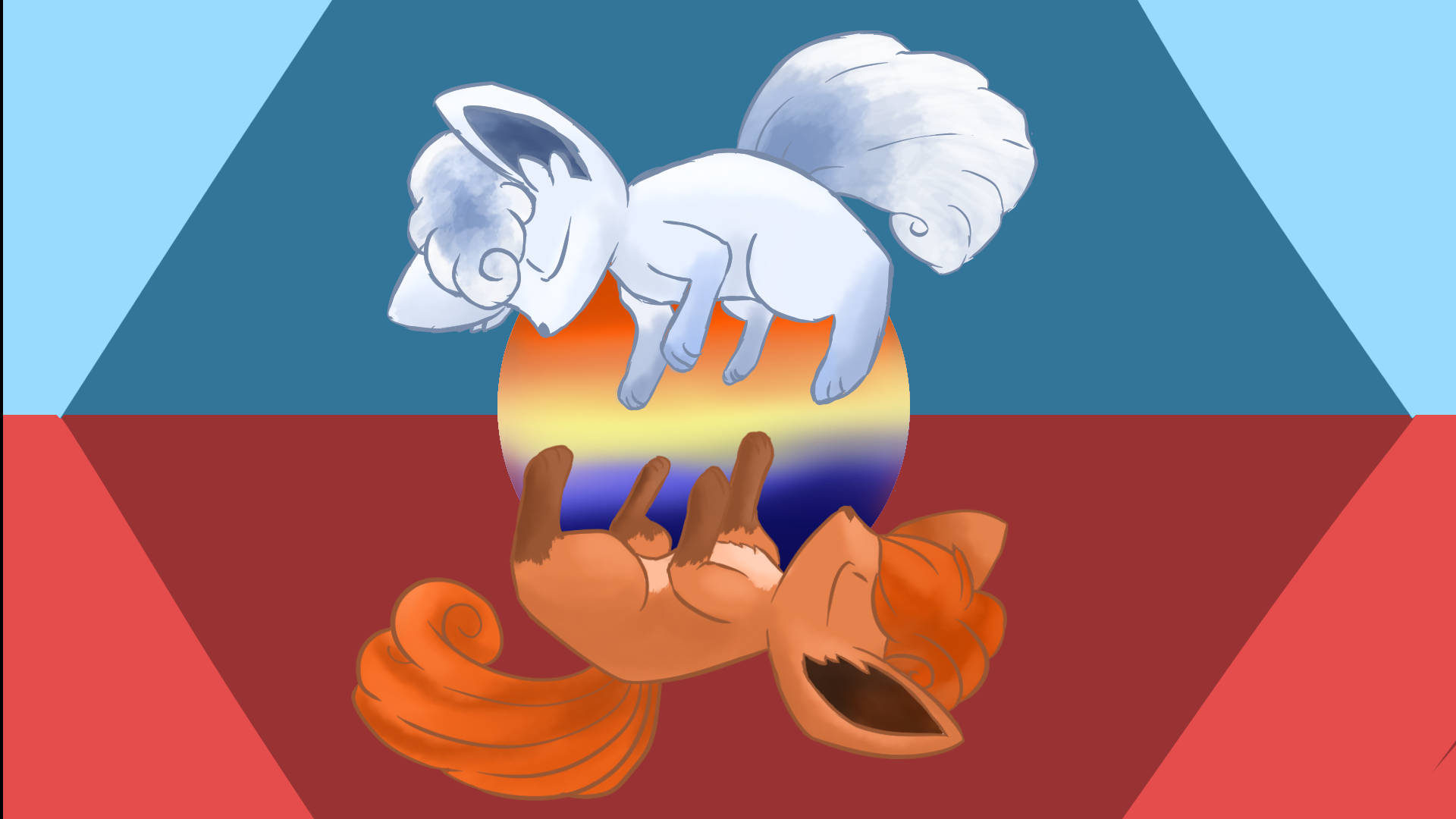 Vulpix, colorful orb, geometric blue and red background, Full HD Desktop Wallpaper
