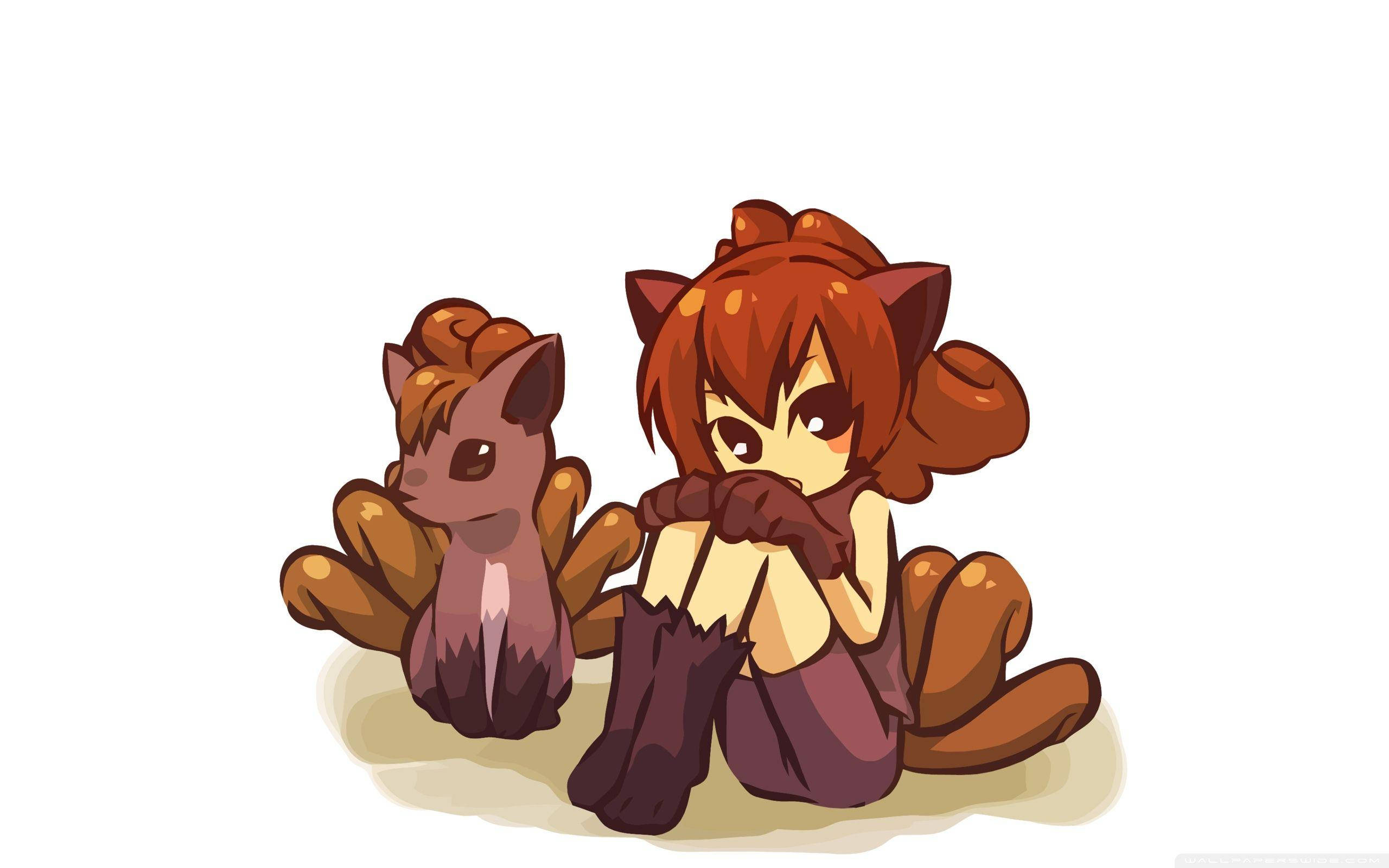 Vulpix, chibi-style, brown fur, 2K Desktop Wallpaper