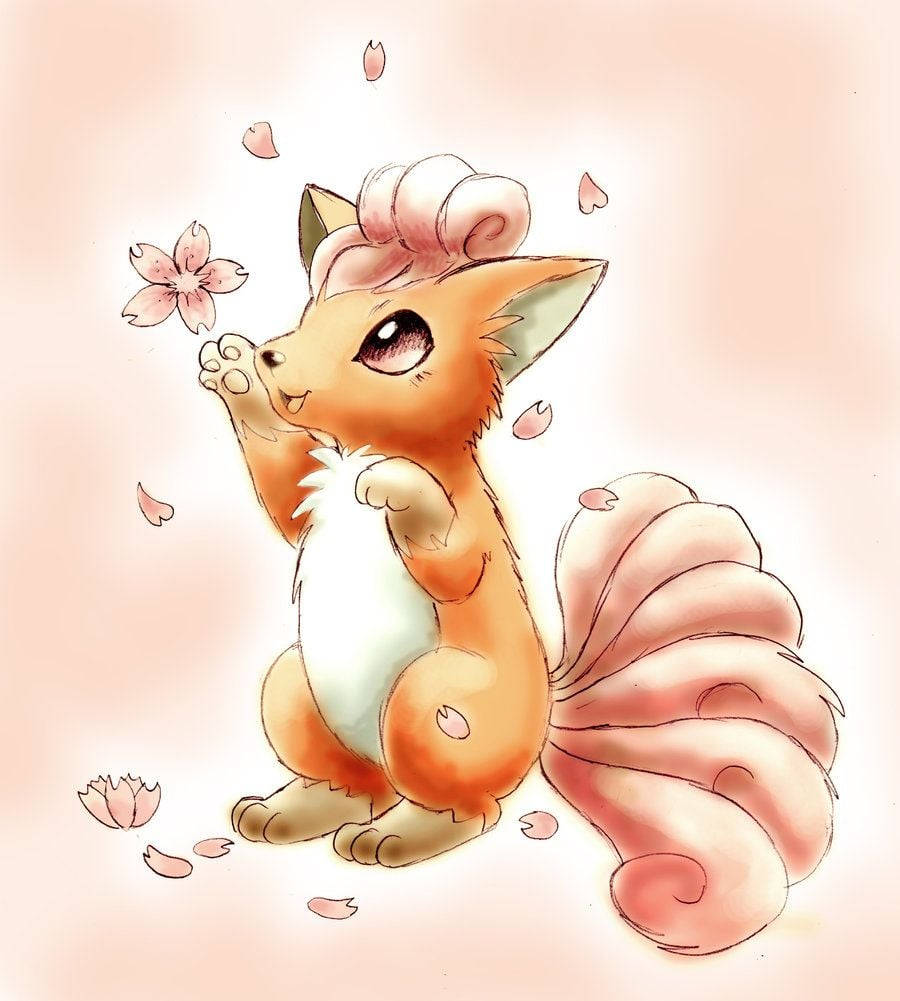 Vulpix, cherry blossom petals, fluffy tail, SD Phone Wallpaper