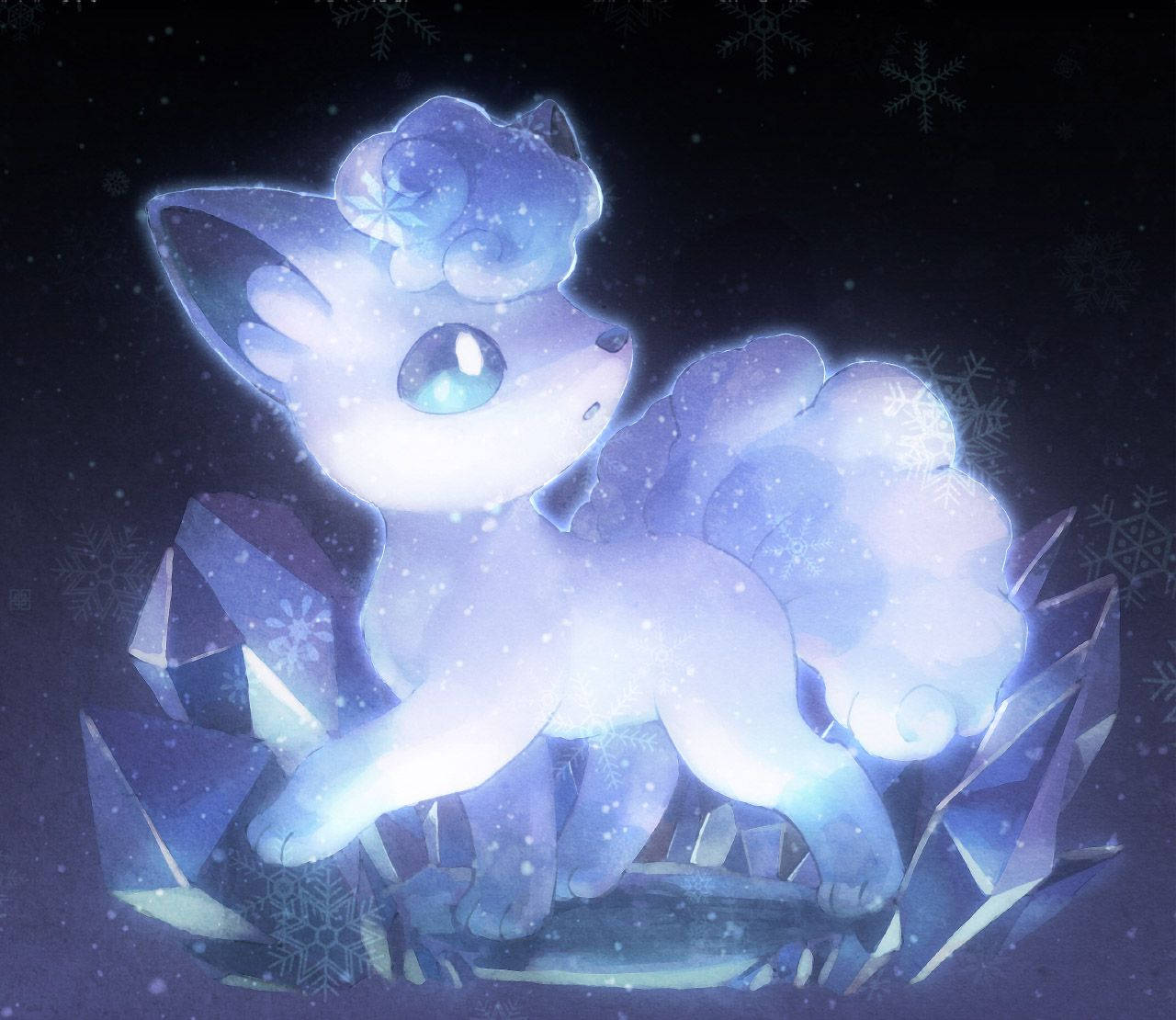 Vulpix, glowing blue, snowflake patterns, HD Desktop Wallpaper