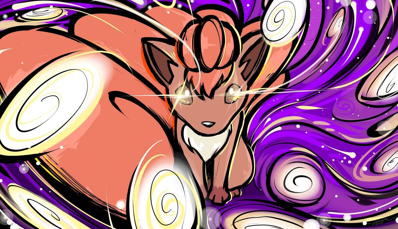 Vulpix, spiral background, glowing eyes, HD Desktop Wallpaper