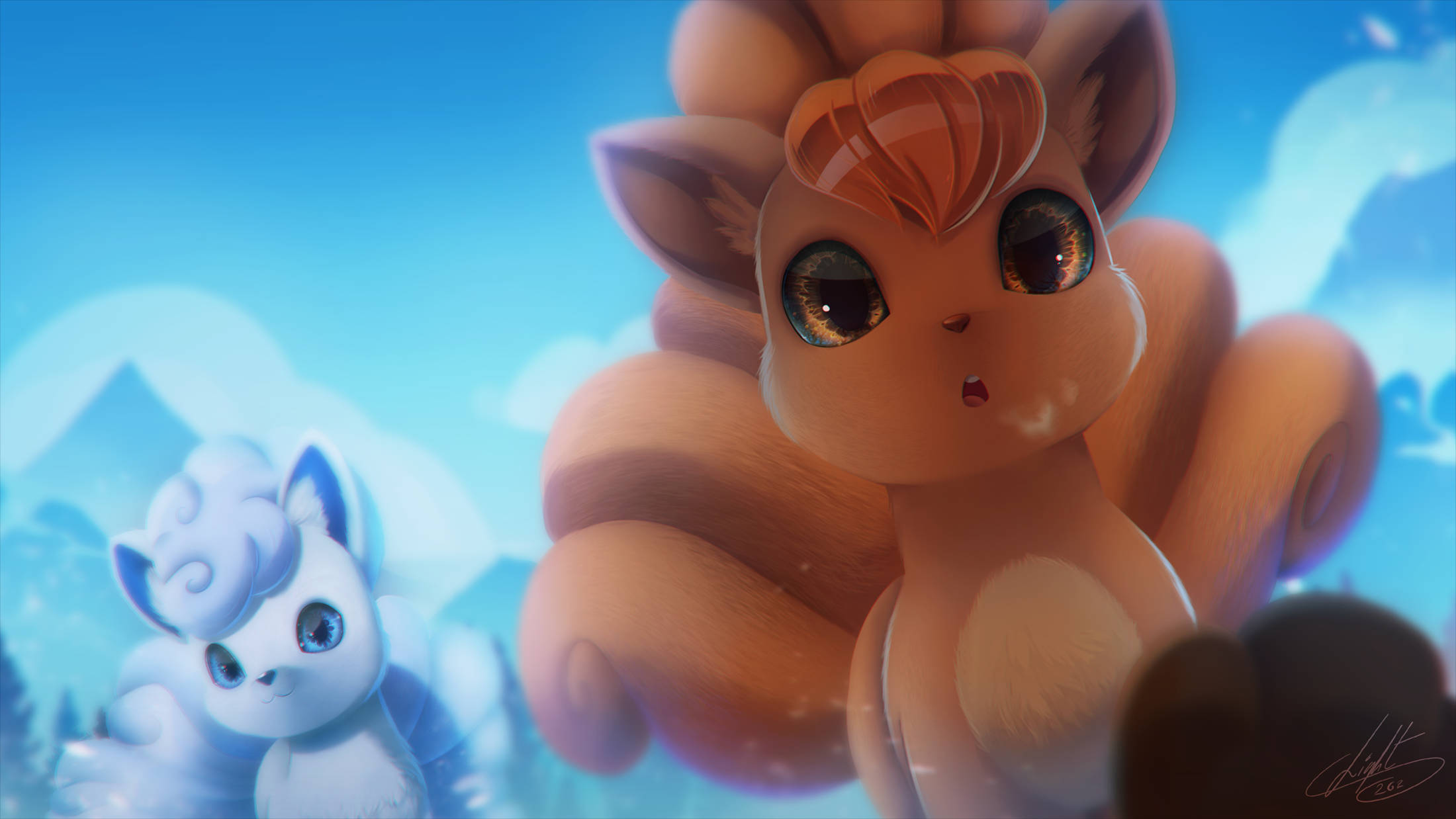 Vulpix, orange fox-like creature, large expressive eyes, Full HD Desktop Wallpaper