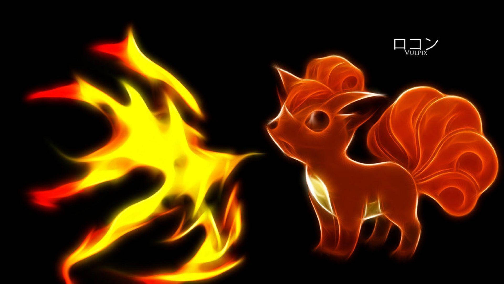 Vulpix, fiery fox-like creature, glowing orange fur, Full HD Desktop Wallpaper