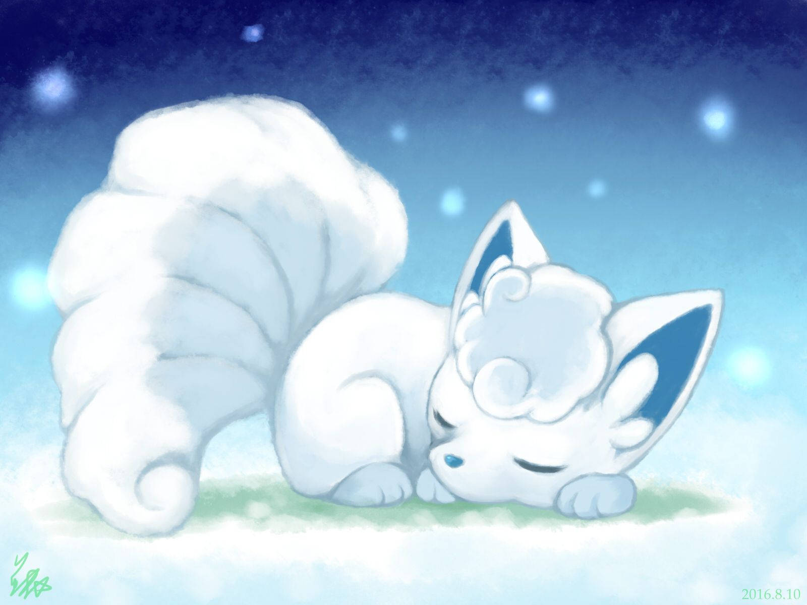 White Vulpix, fluffy white fox, large bushy tail, HD Desktop Wallpaper