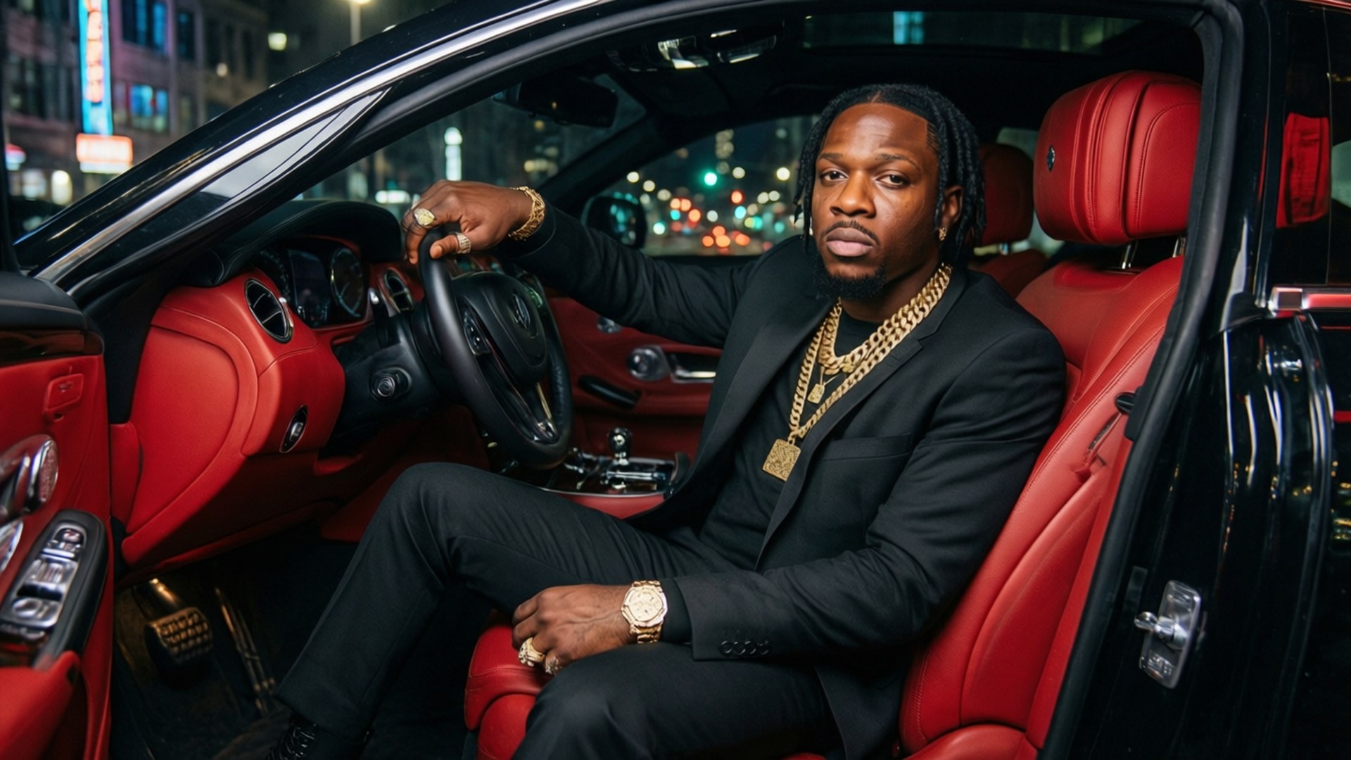 Vybz Kartel, luxury car, neon city background, Full HD Desktop Wallpaper