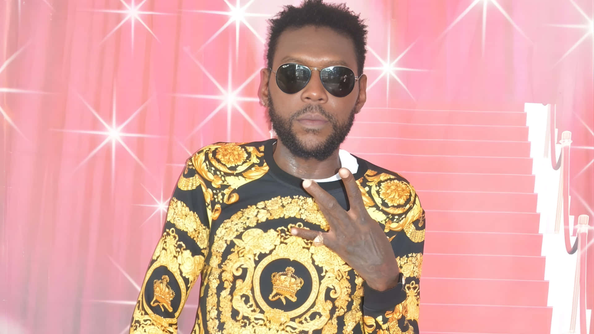 Vybz Kartel, black and gold ornate shirt, pink starburst backdrop, Full HD Desktop Wallpaper