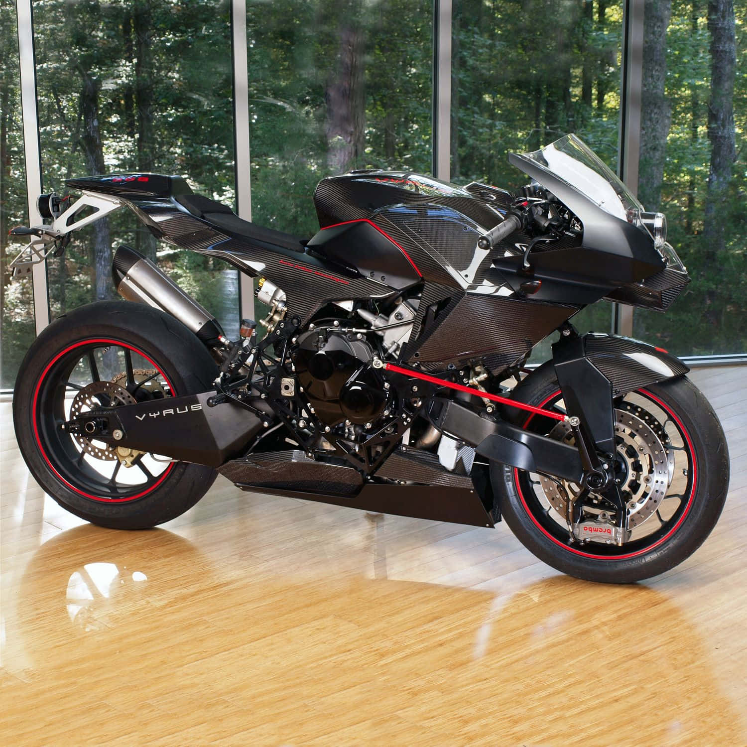 Vyrus Motorcycle, sleek black carbon fiber motorcycle, red accents, HD Desktop Wallpaper