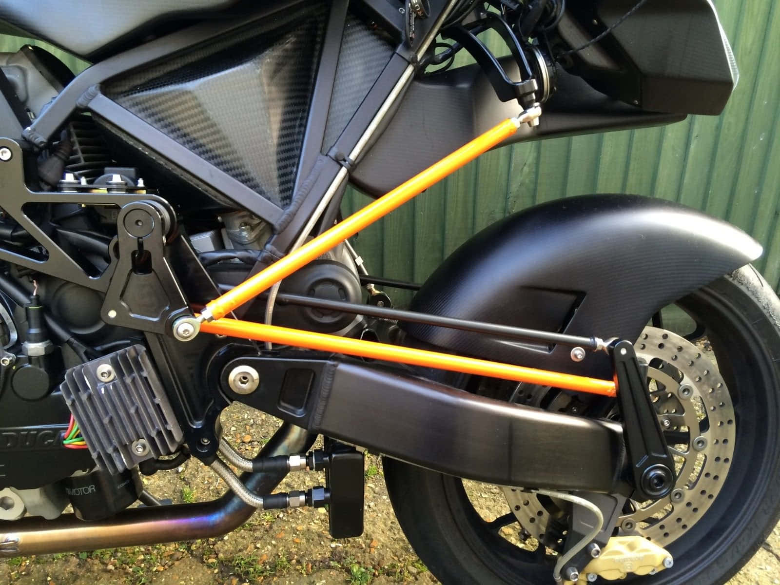 Vyrus Motorcycle, black motorcycle, bright orange struts, HD Desktop Wallpaper