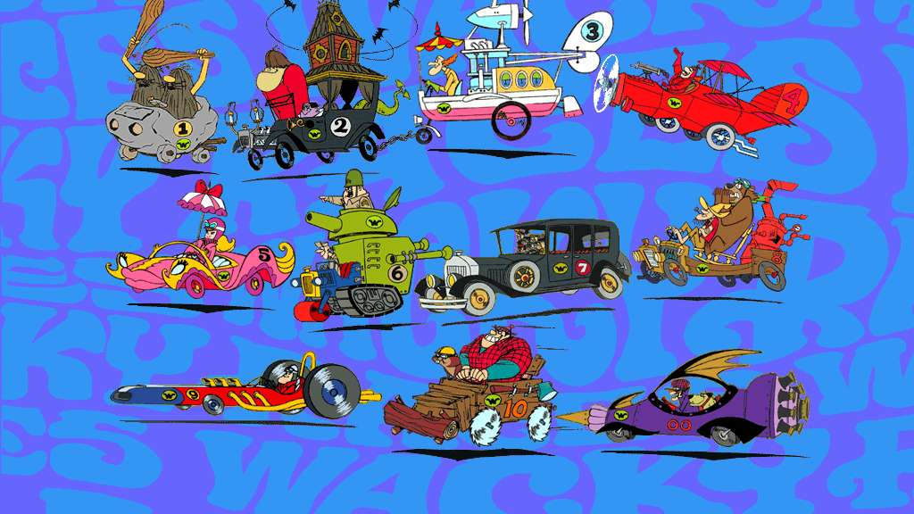 Wacky Races, eleven cars, psychedelic blue patterned background, SD Desktop Wallpaper