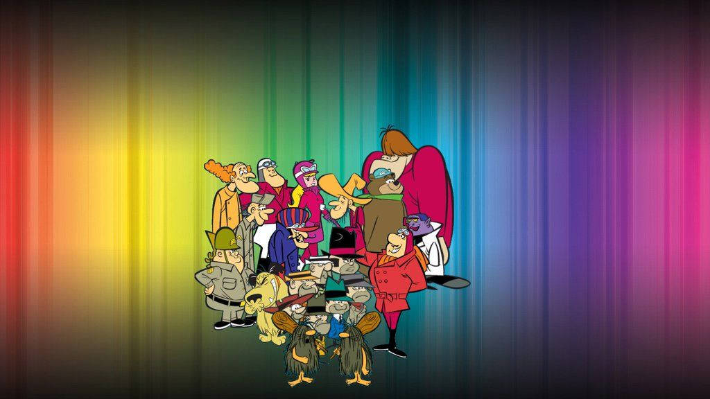 Wacky Races, rainbow stripes, colorful cartoon group of characters, SD Desktop Wallpaper