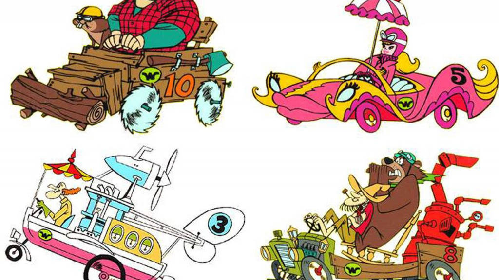 Wacky Races, log car, pink rocket car, SD Desktop Wallpaper