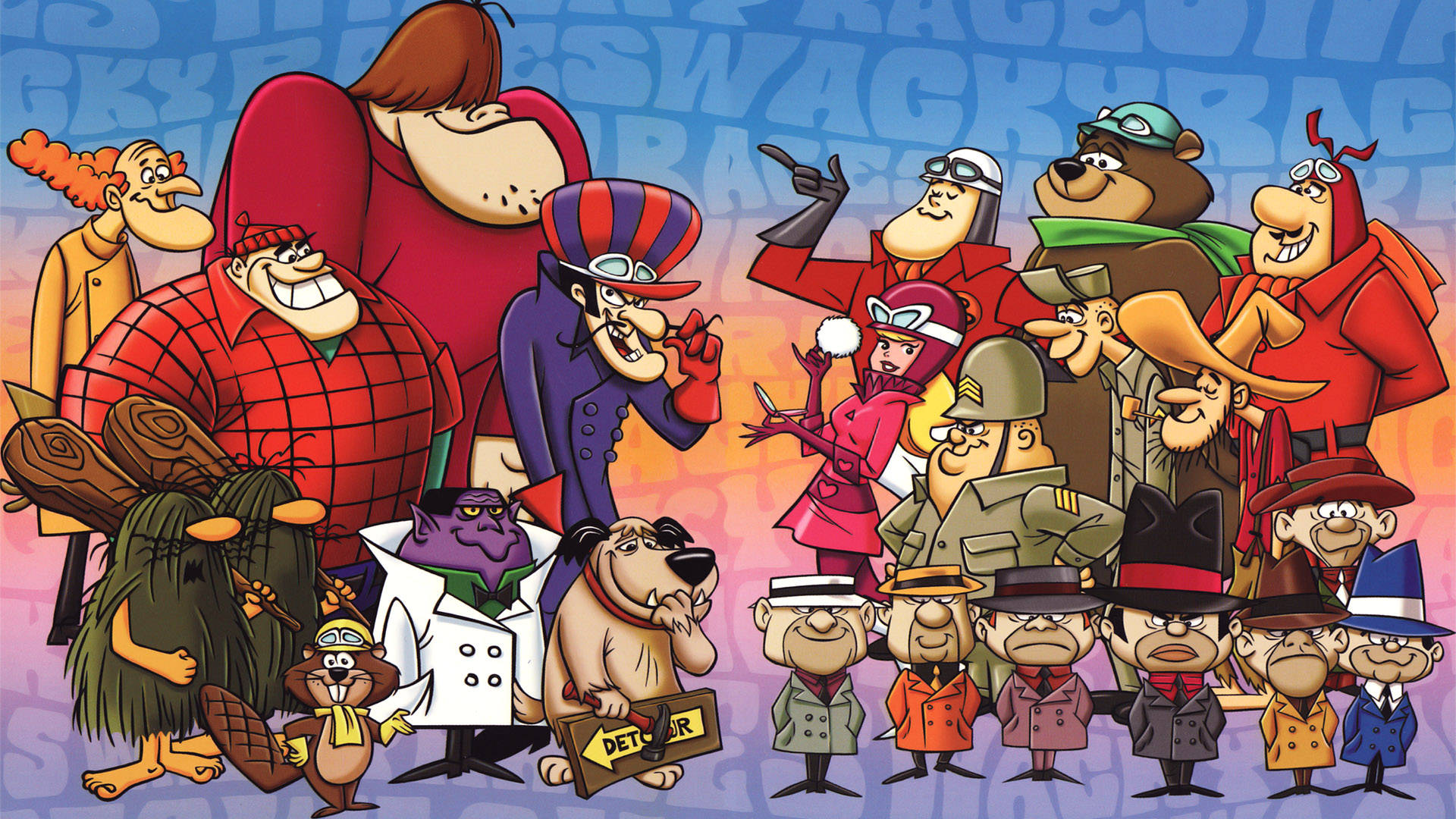The Wacky Races, cartoon group, classic animated characters, Full HD Desktop Wallpaper