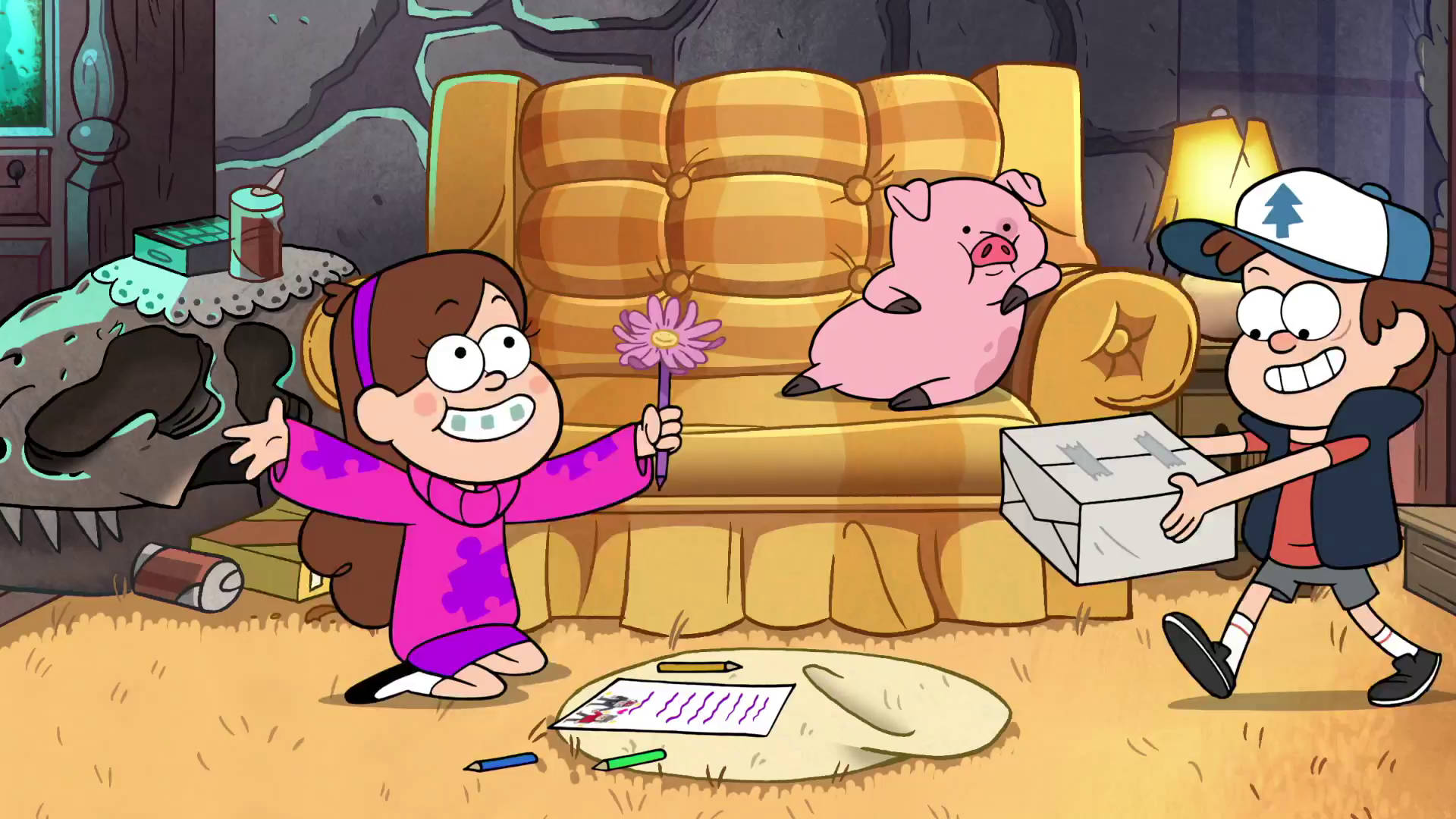 Waddles, sofa, pink pig, Full HD Desktop Wallpaper