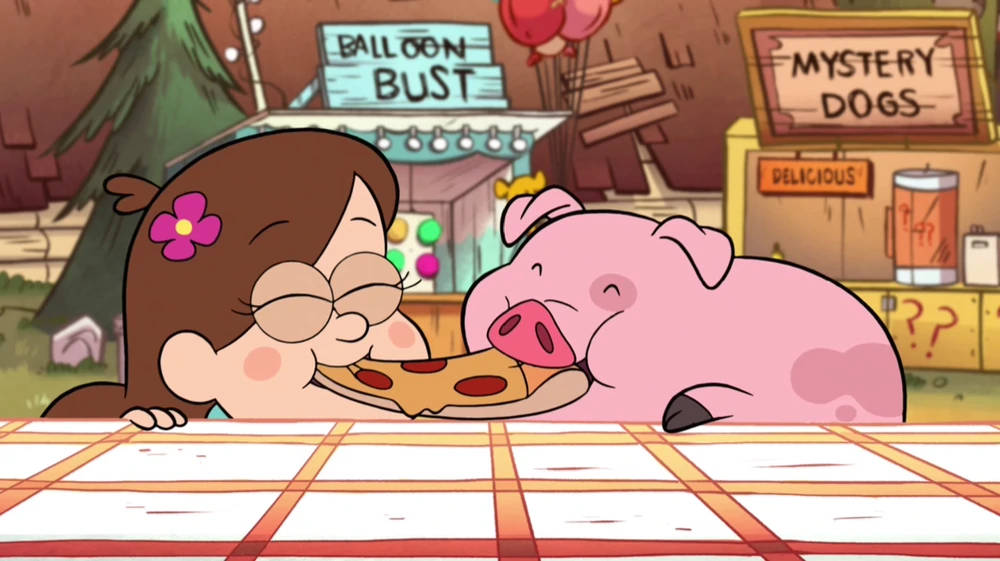 Waddles, pink pig, checkered table, SD Desktop Wallpaper