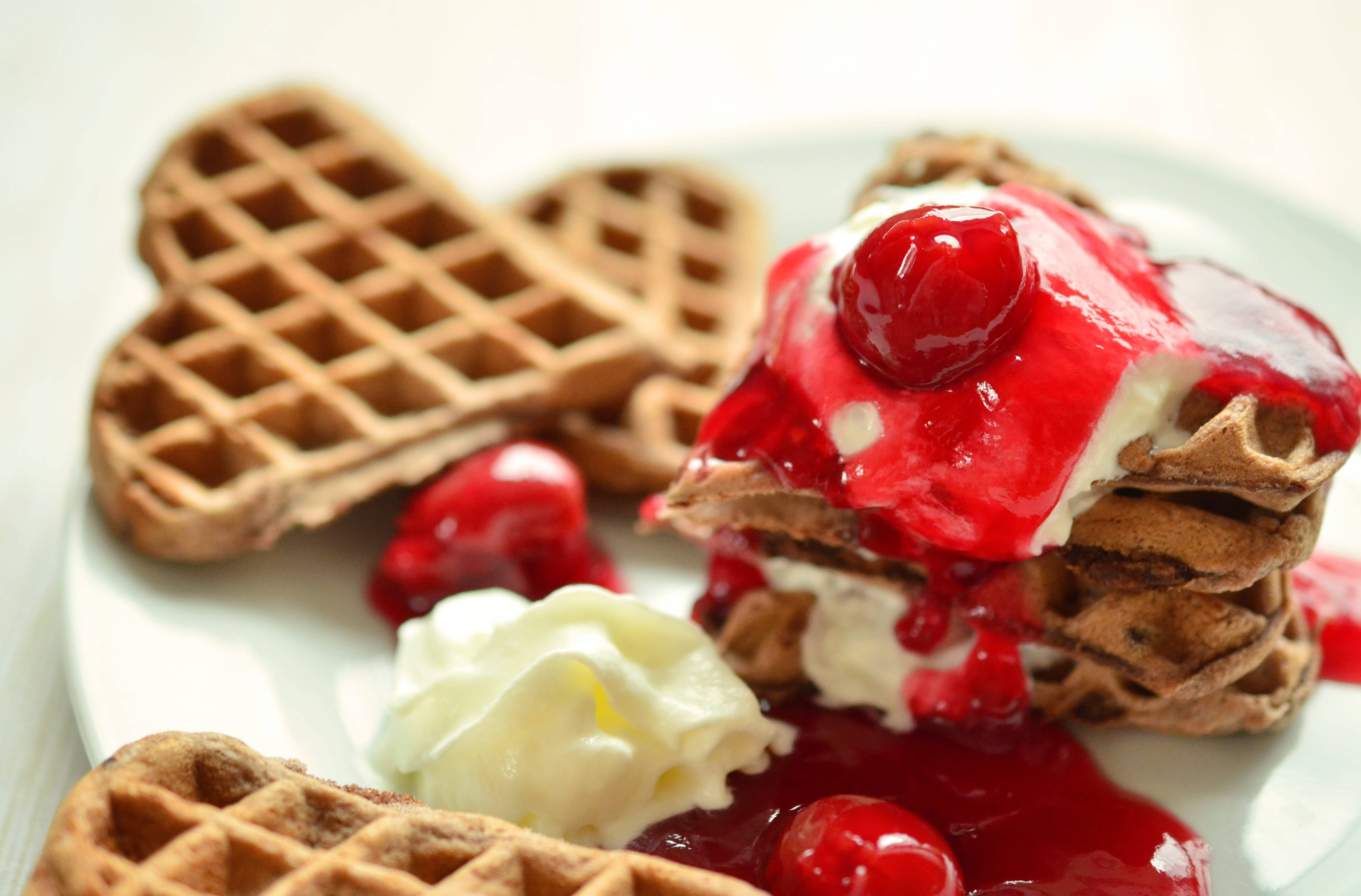 waffles, cherry cream topping, heart-shaped waffles, 5K Desktop Wallpaper