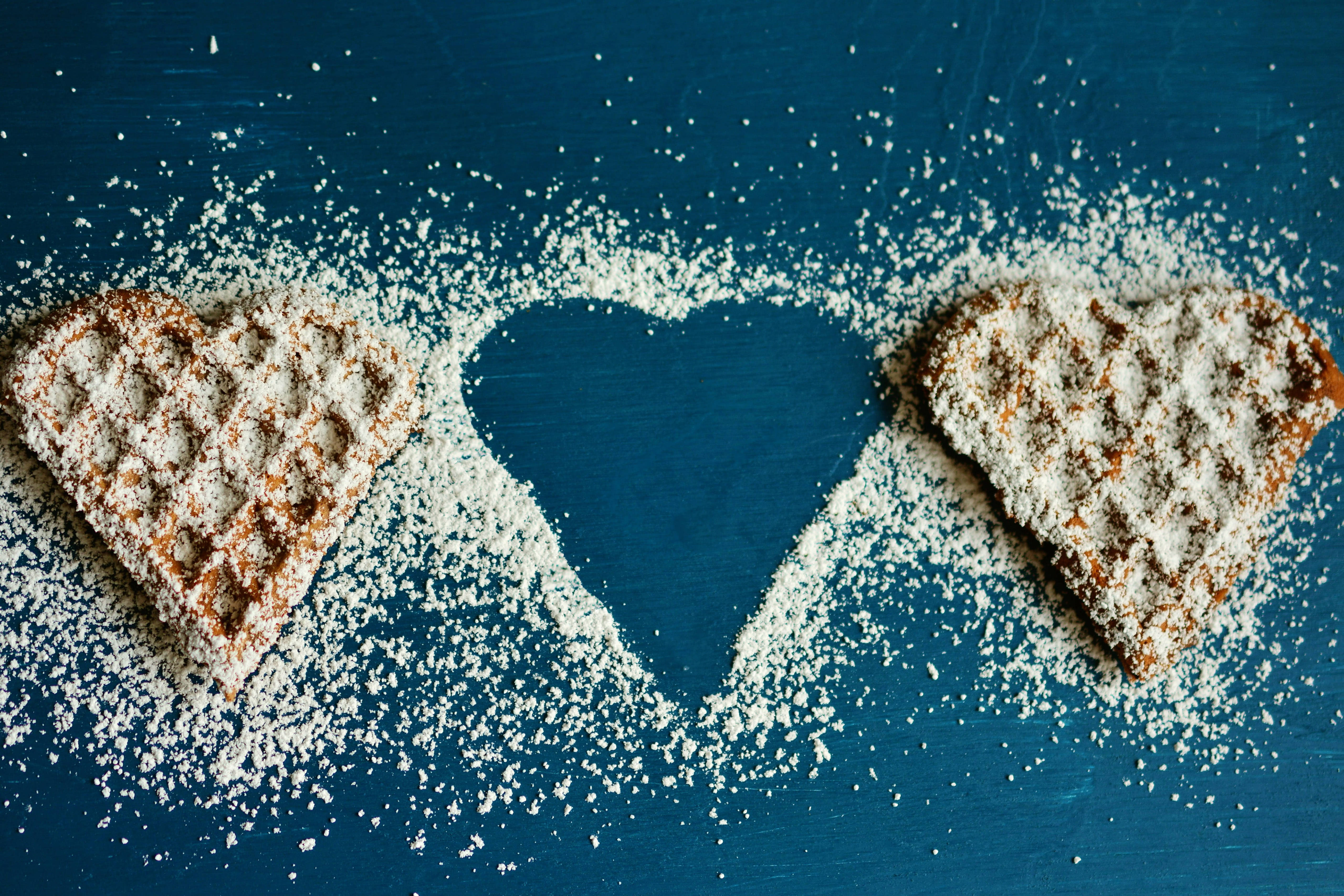 waffle hearts, icing sugar, deep blue wooden surface, 5K Desktop Wallpaper