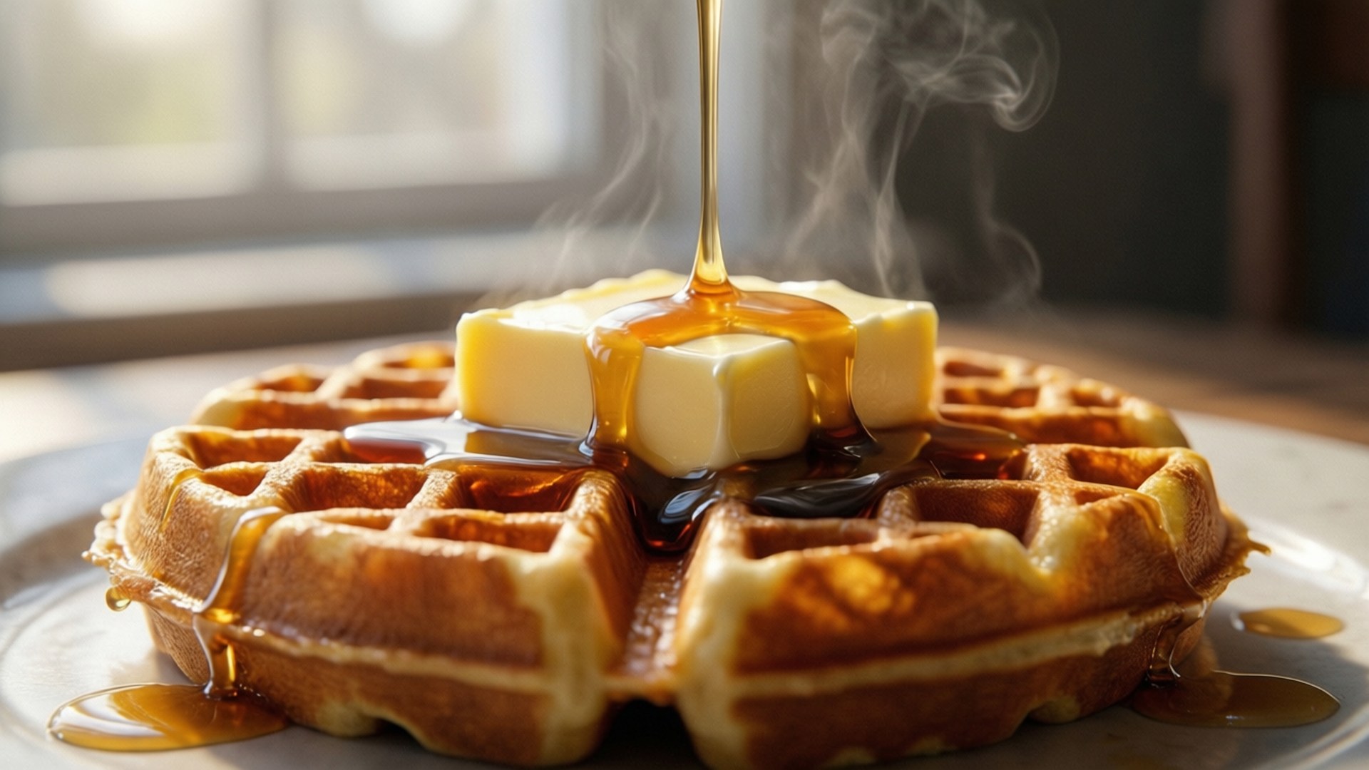 Golden Waffle, steaming hot, melting butter, Full HD Desktop Wallpaper