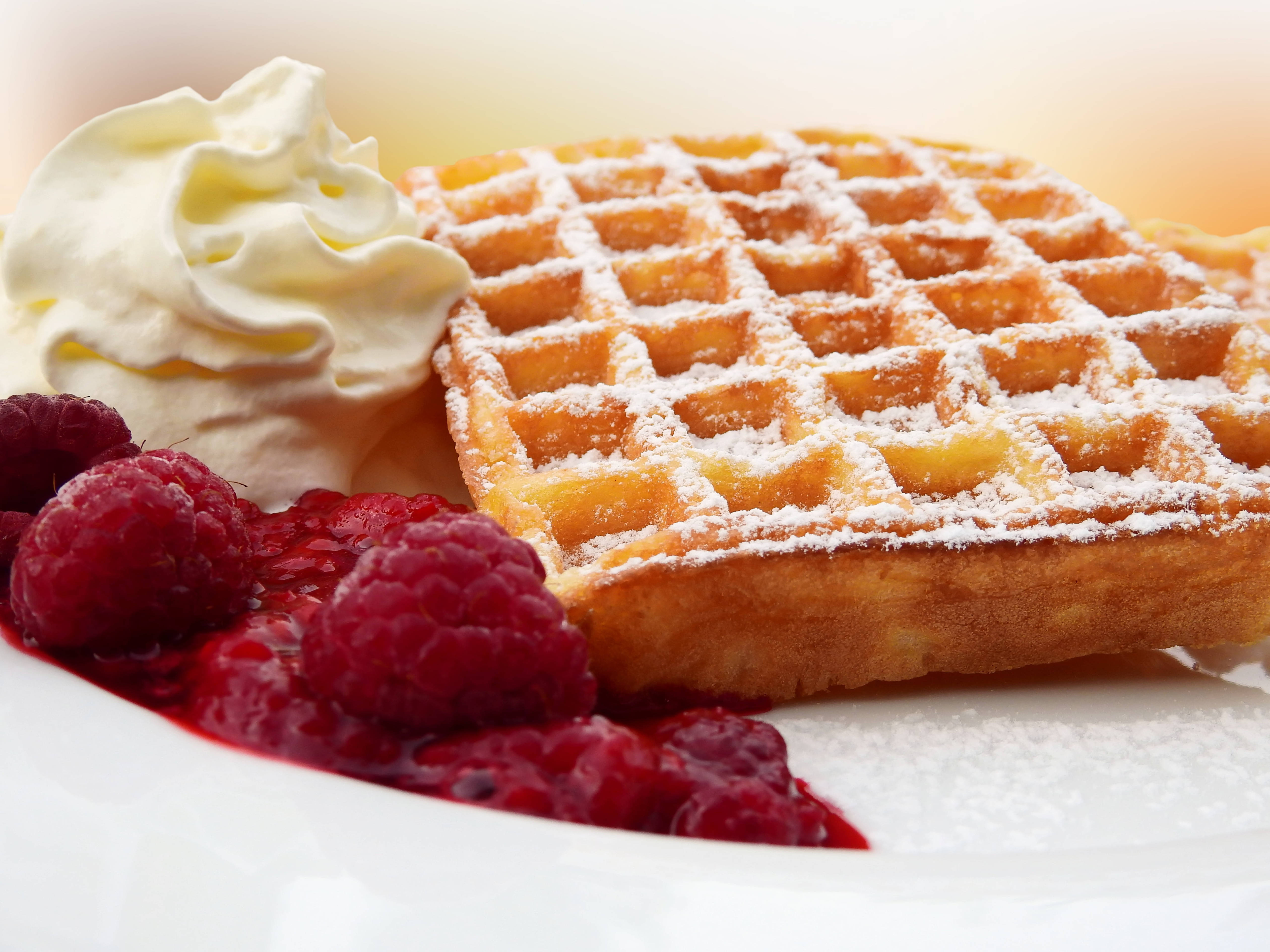 Waffle, raspberries, whipped cream, 5K Desktop Wallpaper