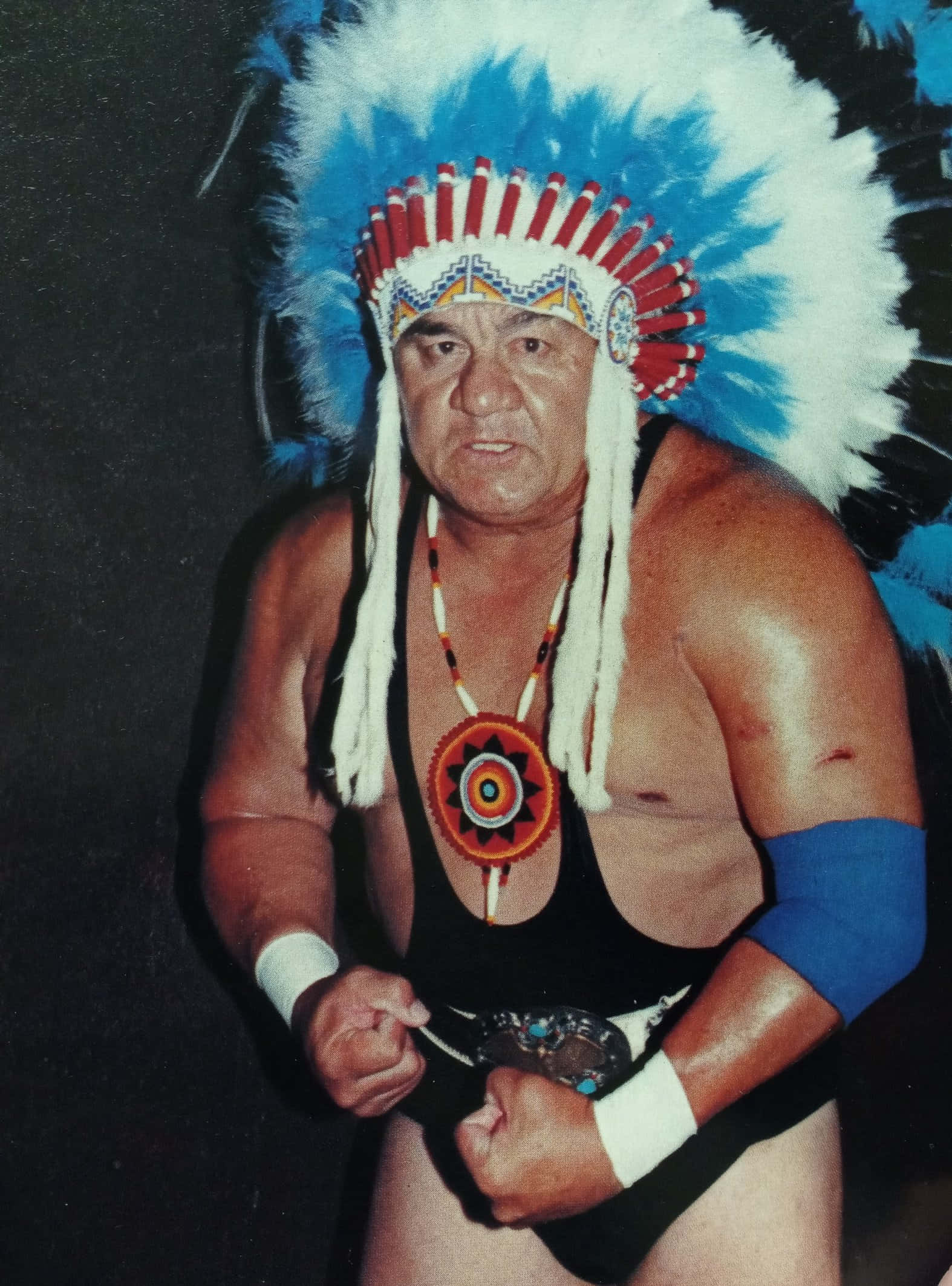 Wahoo McDaniel, blue and white feathered headdress, tribal necklace, Full HD Phone Wallpaper