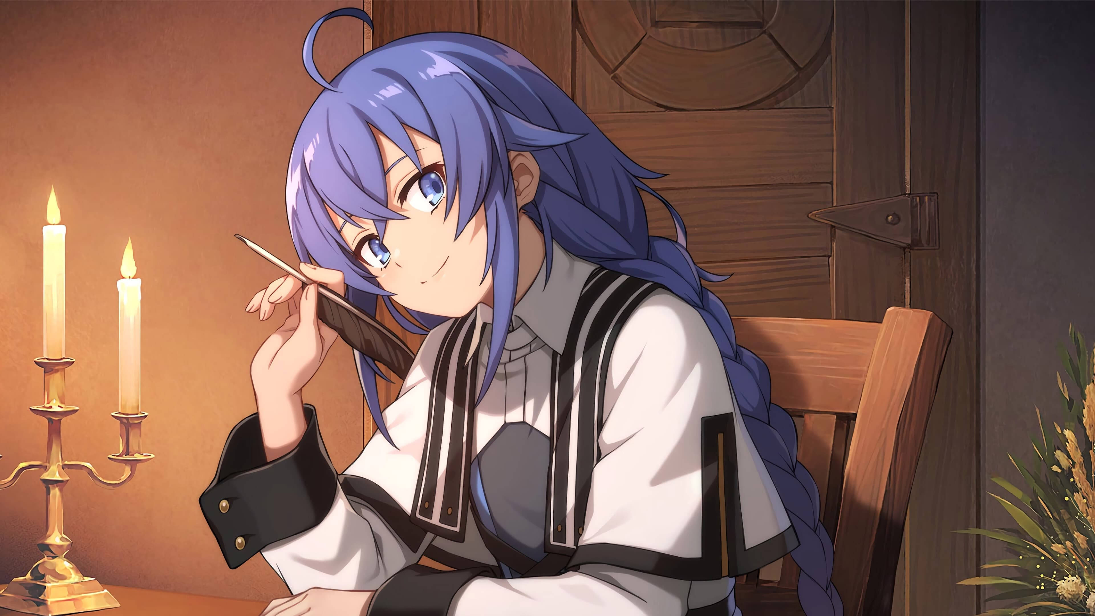 blue-haired anime girl, gentle smile, wooden table, 4K Desktop Wallpaper