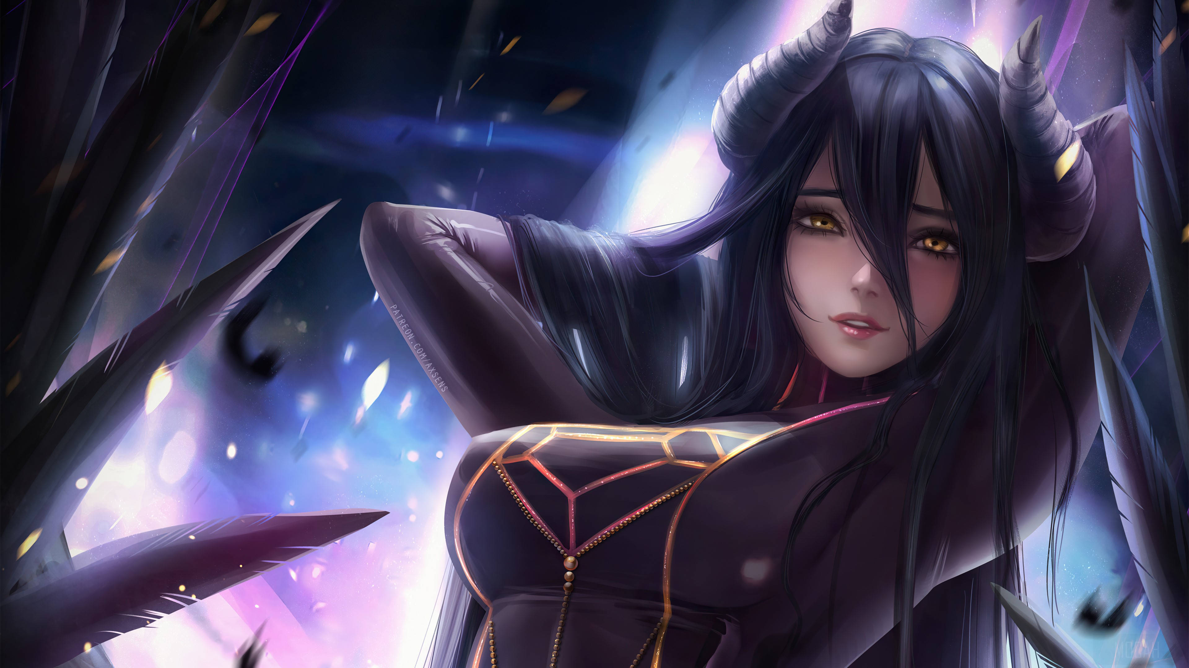 dark-haired anime demoness, glowing yellow eyes, horns, 4K Desktop Wallpaper