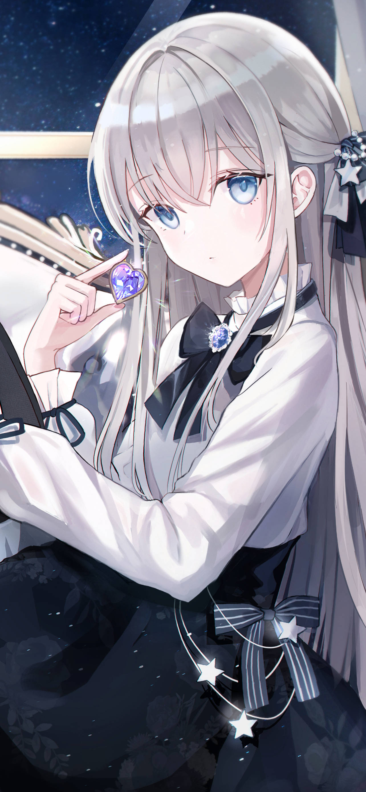 silver-haired anime girl, white blouse, black bow, 2K Phone Wallpaper