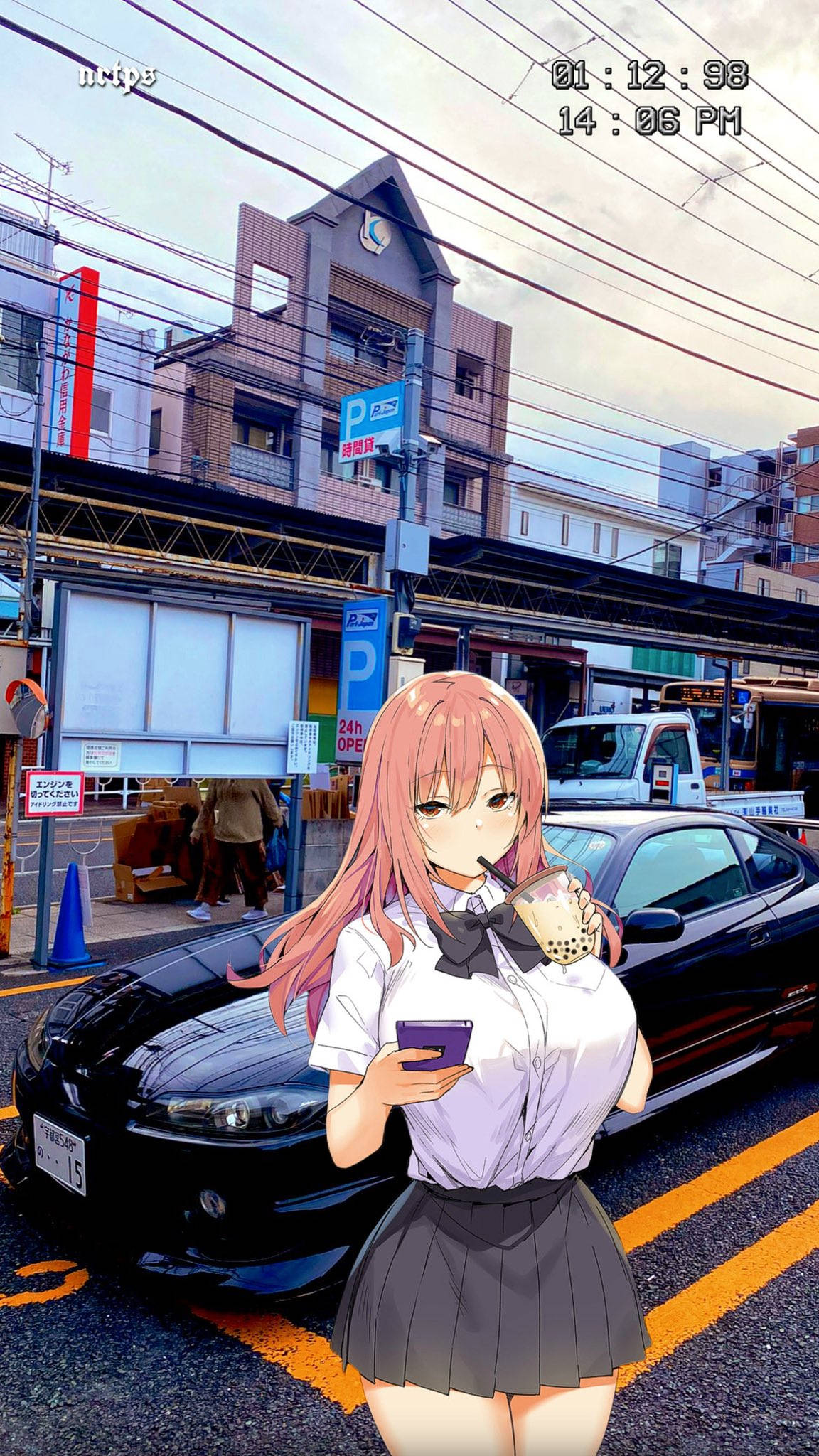 anime girl, school uniform, bubble tea, Full HD Phone Wallpaper