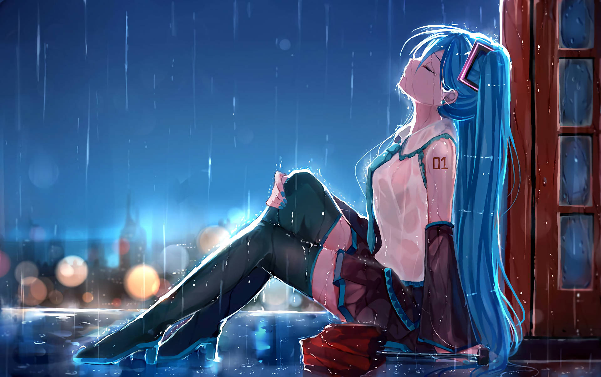 Waifu, blue hair, rain, Full HD Desktop Wallpaper