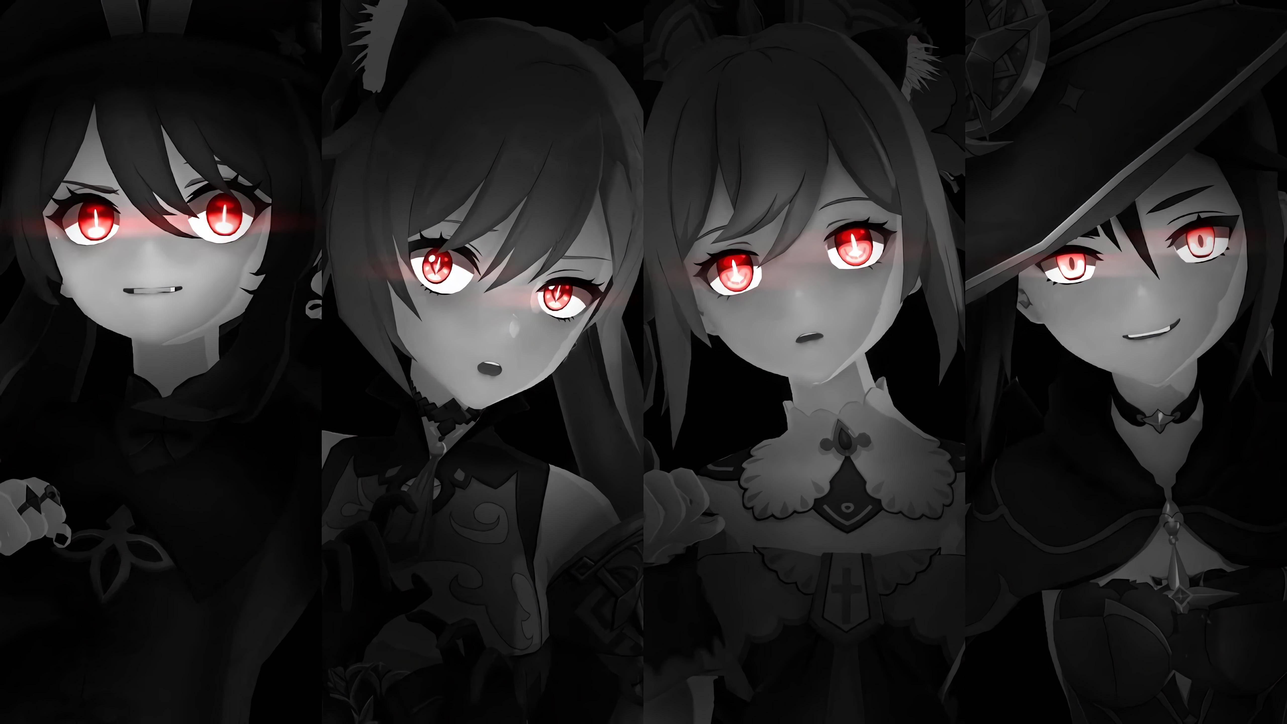waifu, glowing red eyes, dark cloaks, 5K Desktop Wallpaper