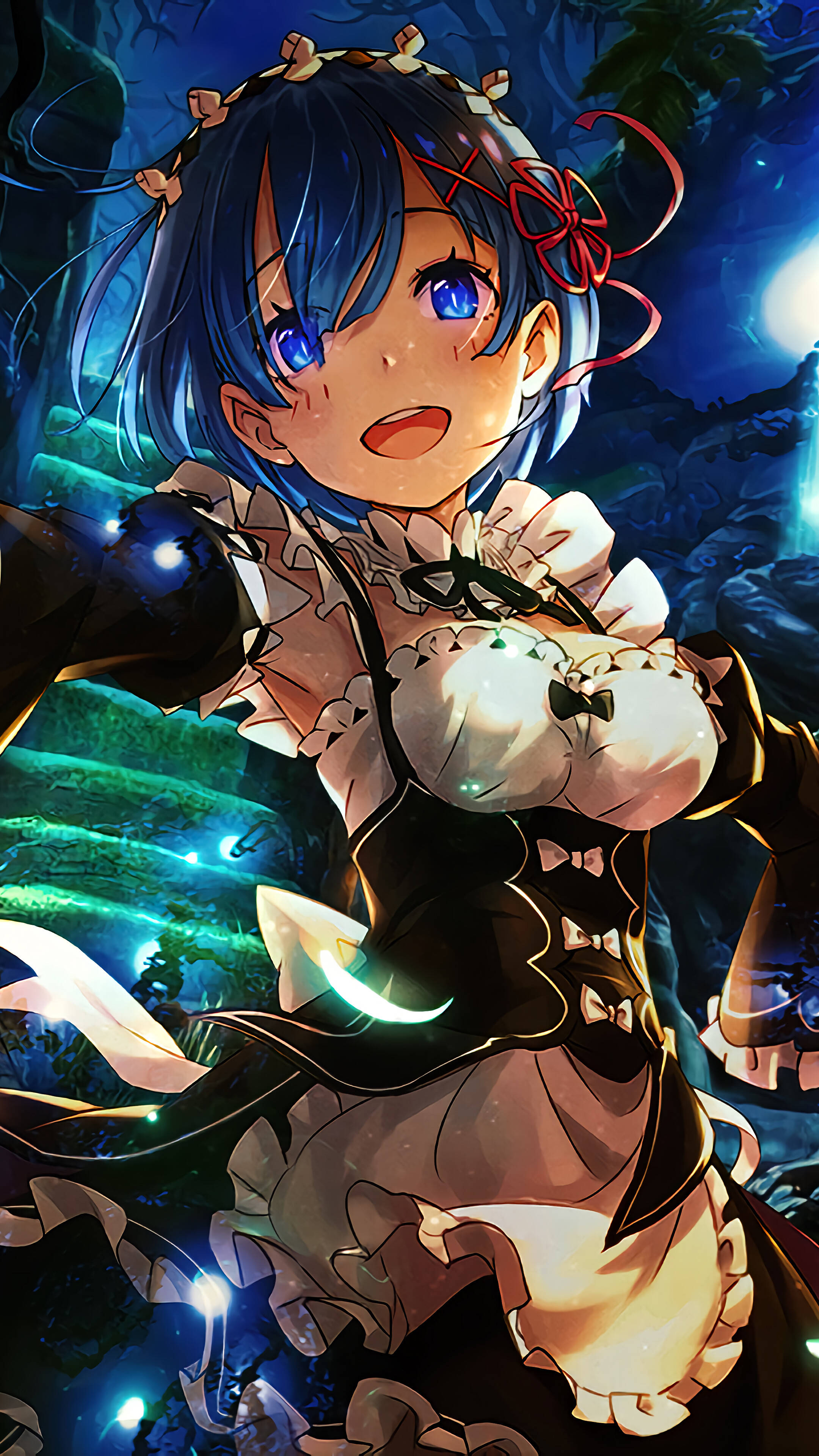 blue-haired, anime girl, maid outfit, 4K Phone Wallpaper