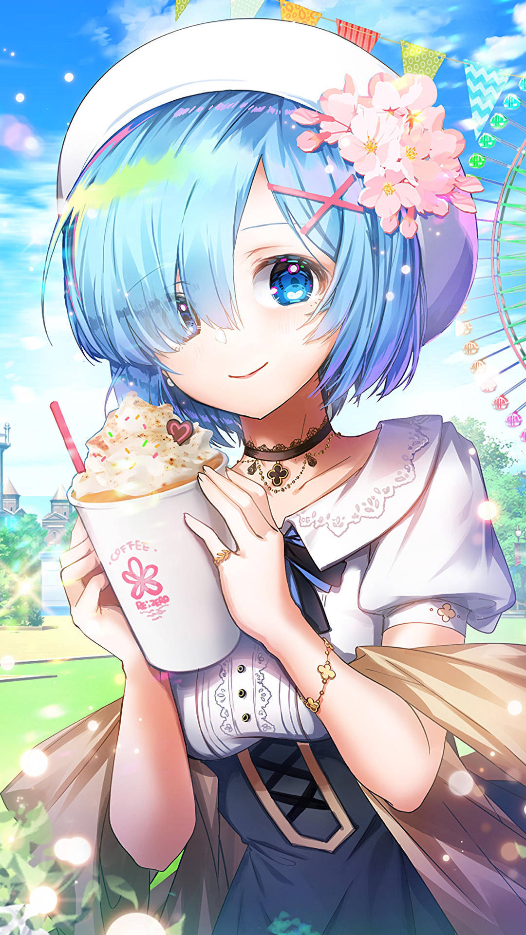 Waifu, blue hair, cherry blossoms, Full HD Phone Wallpaper