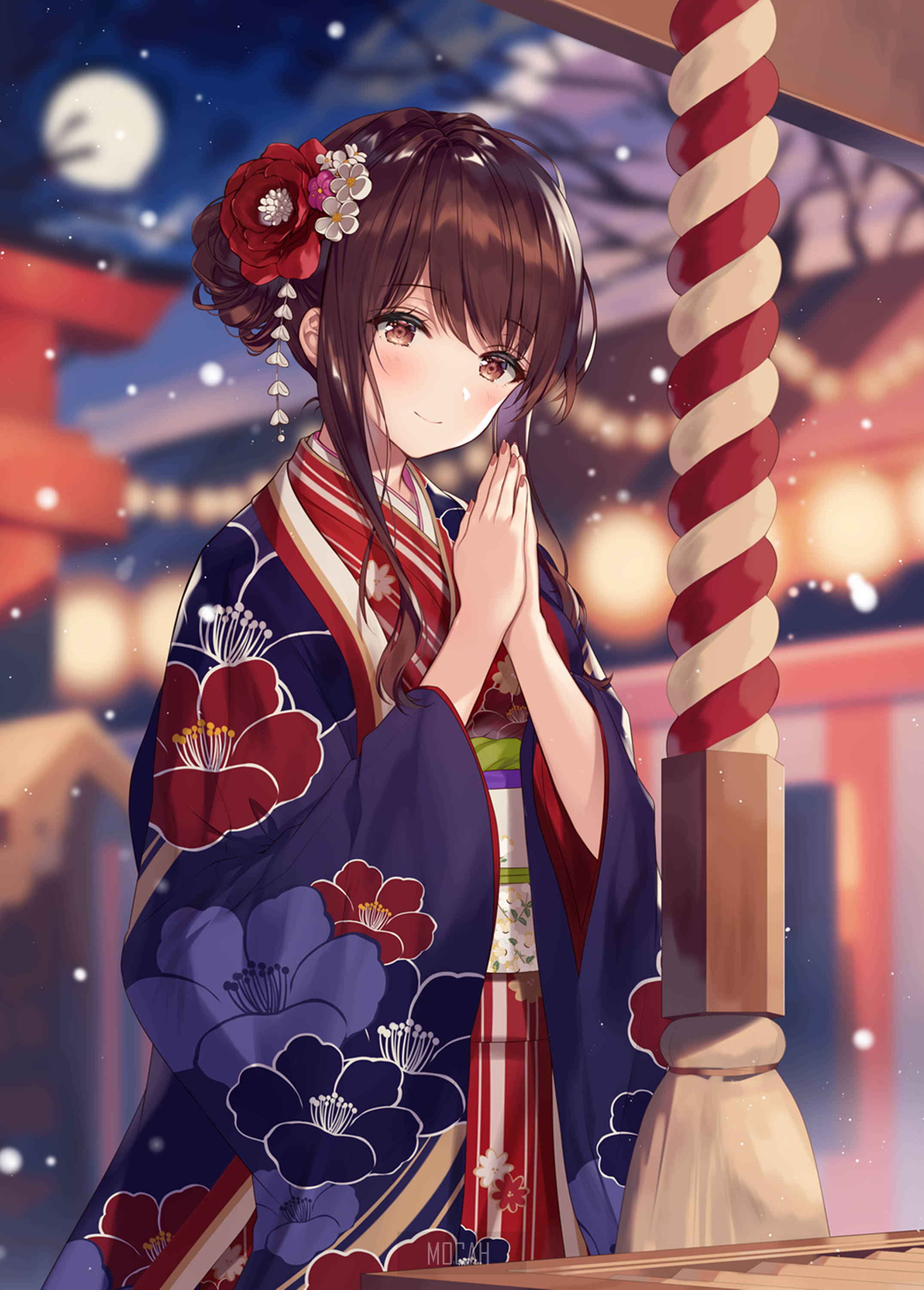 Waifu, anime girl, floral kimono, 2K Phone Wallpaper