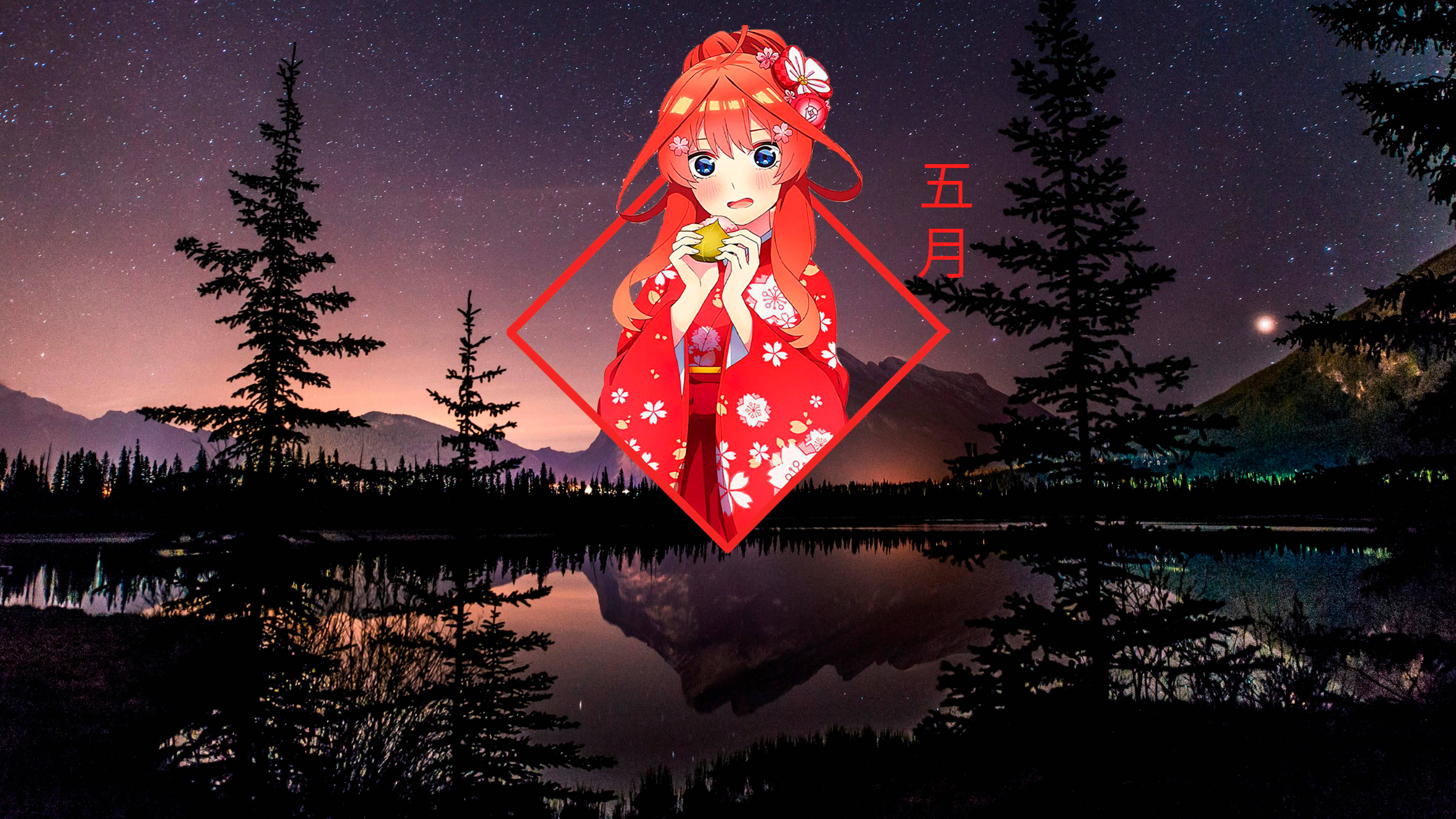 red-haired anime girl, floral kimono, green fruit, 4K Desktop Wallpaper