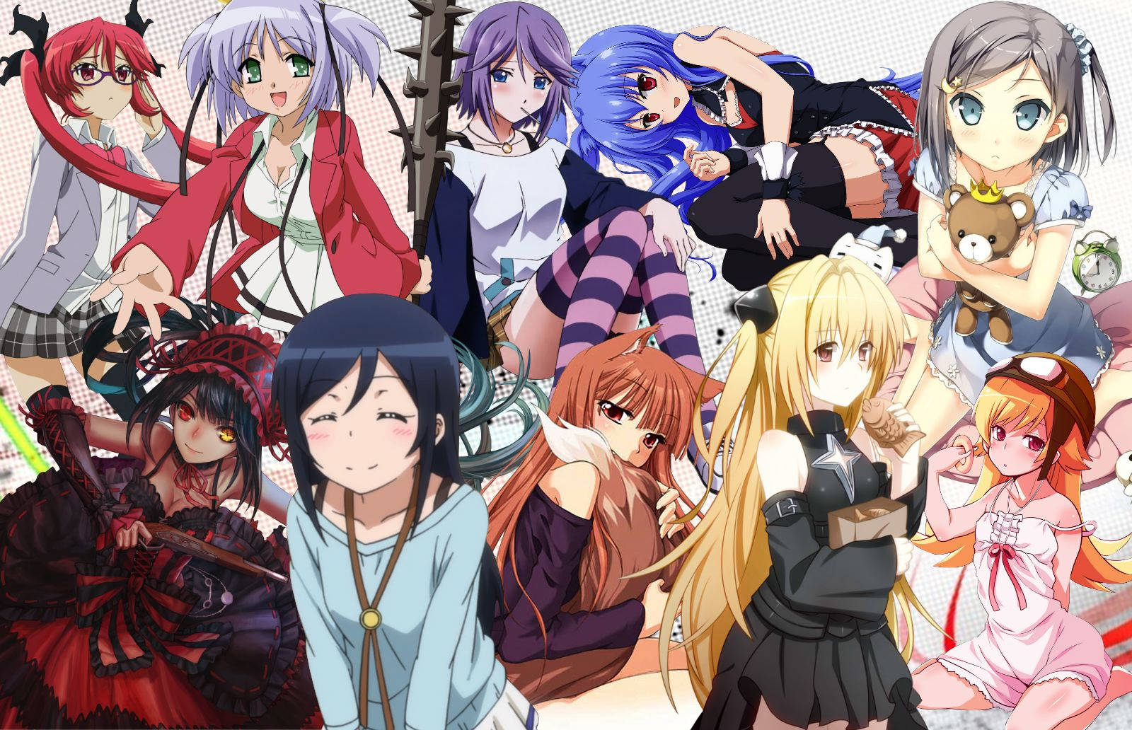 anime girls, different costumes, dotted background, HD Desktop Wallpaper