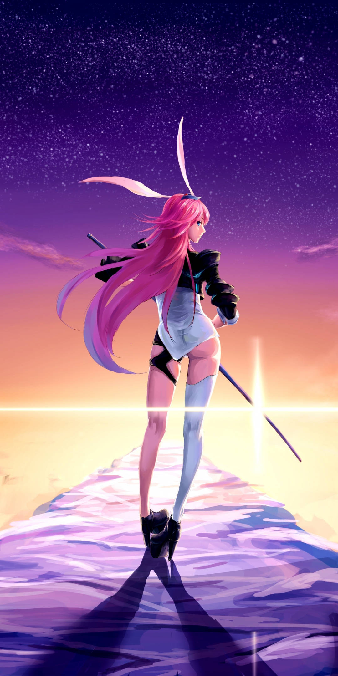 pink-haired anime girl, bunny ears, glowing path, Full HD Phone Wallpaper
