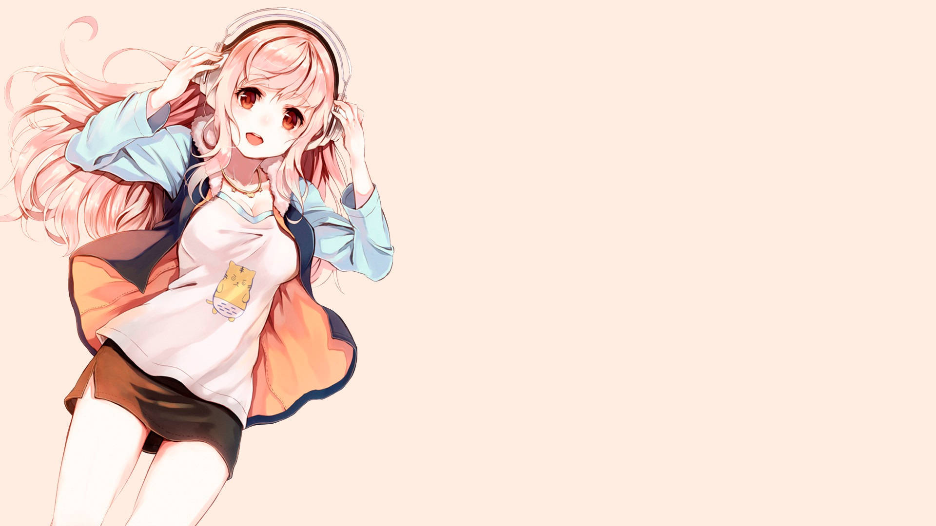 Waifu, pink hair, headphones, Full HD Desktop Wallpaper
