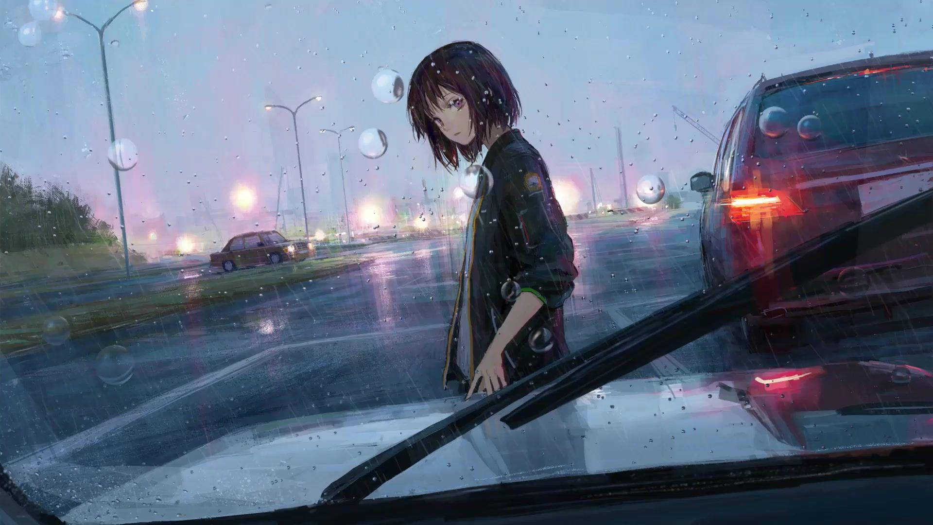 Waifu, anime girl, car, Full HD Desktop Wallpaper