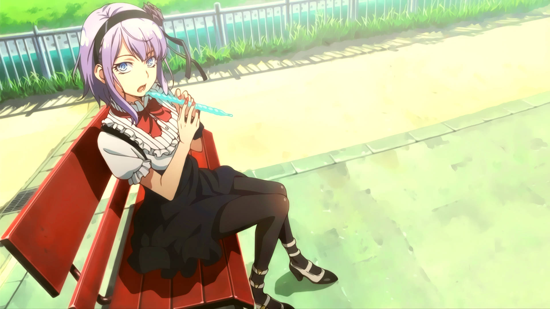 purple-haired anime girl, school uniform, blue flute, Full HD Desktop Wallpaper