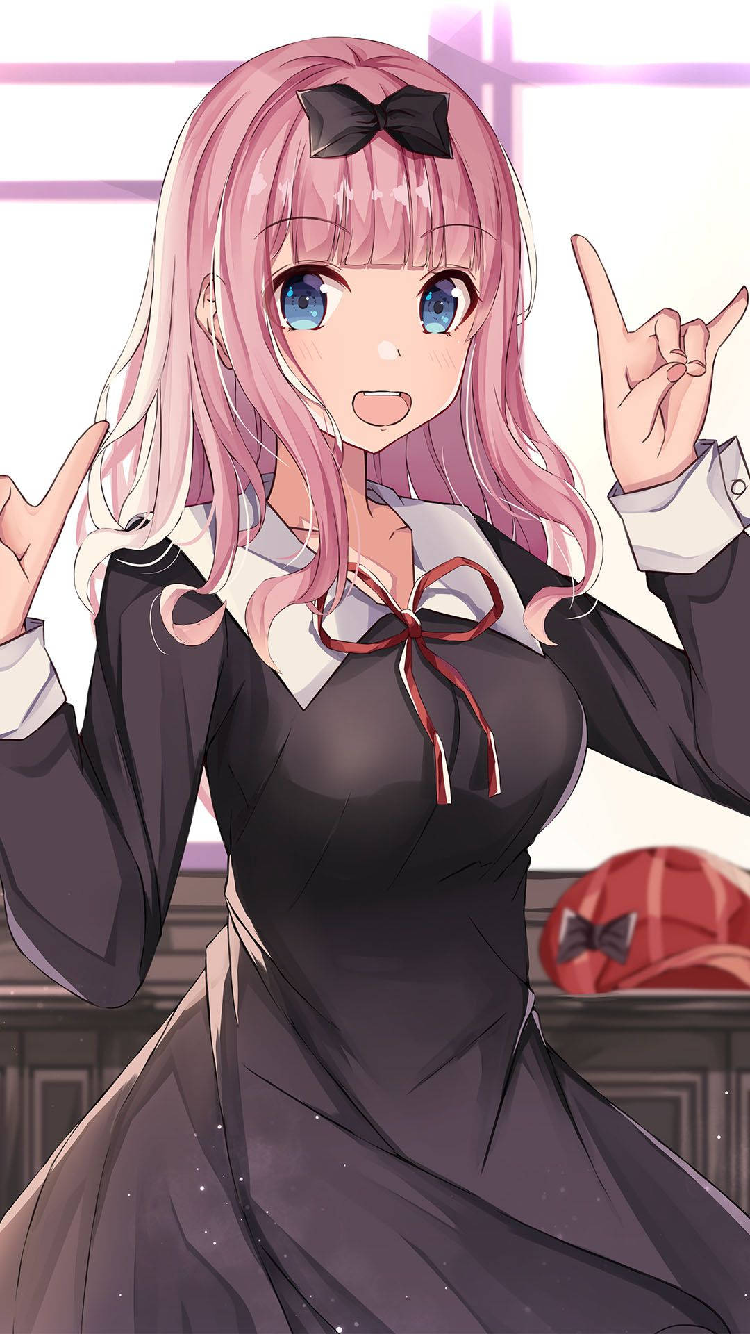 pink hair, blue eyes, black dress, Full HD Phone Wallpaper