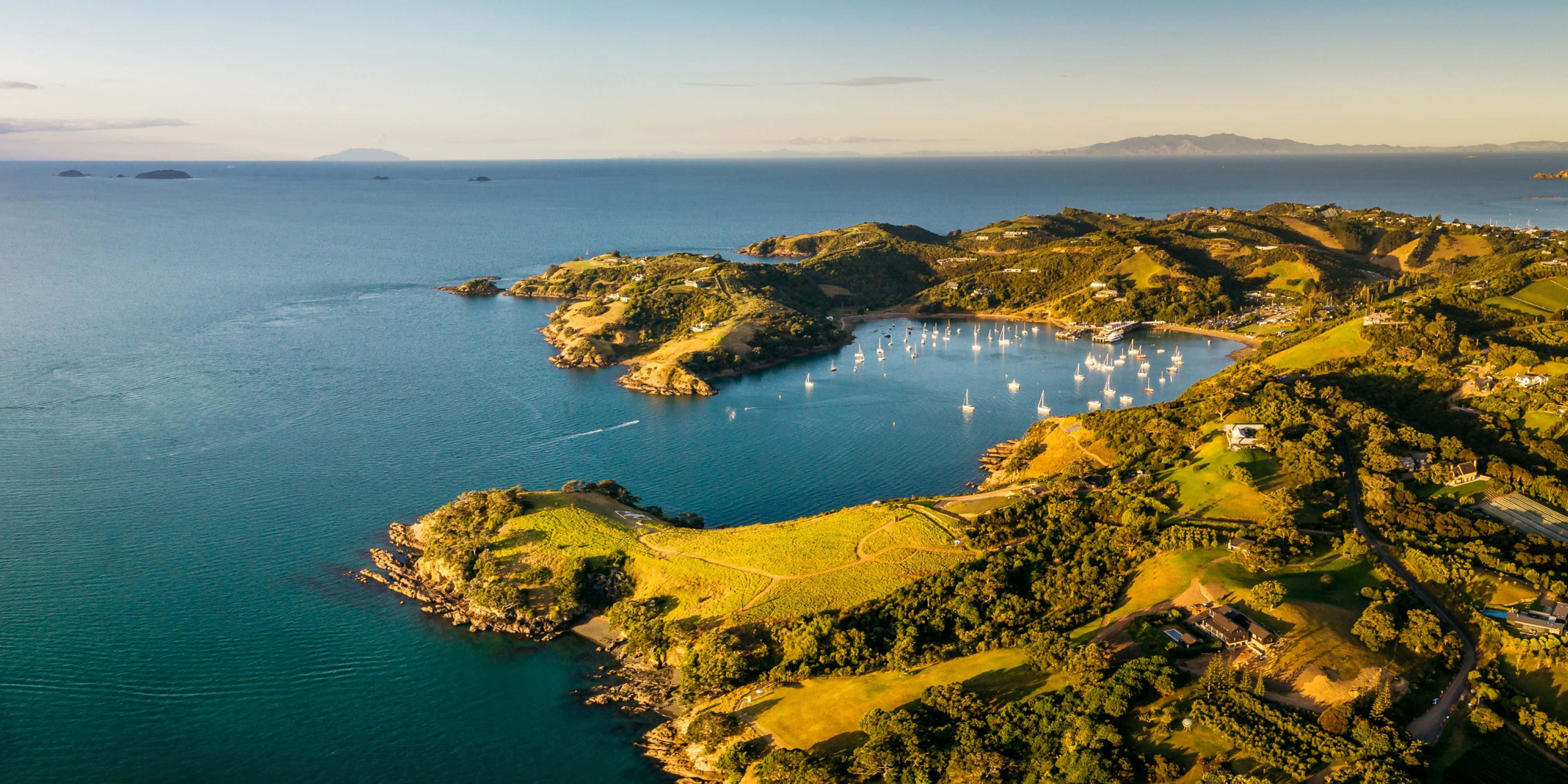 Waiheke Island, aerial view, sunlit coastal bay, 4K Desktop Wallpaper