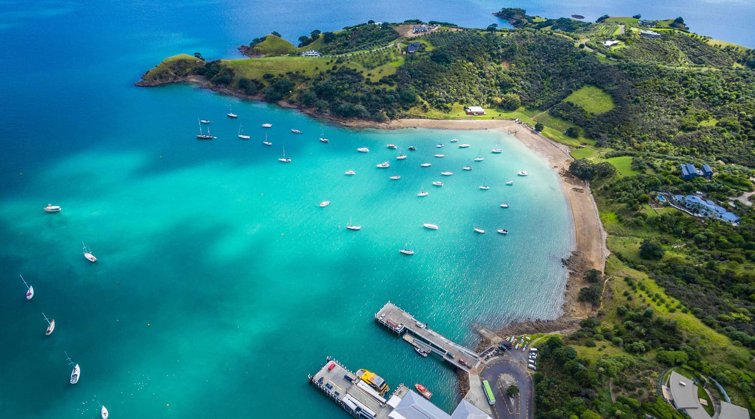 Waiheke Island, turquoise bay, sailboats, Full HD Desktop Wallpaper