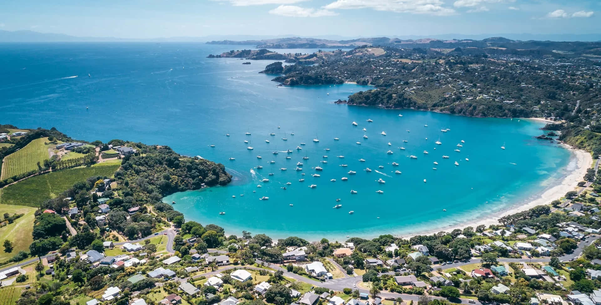 Waiheke Island, turquoise bay, boats, Full HD Desktop Wallpaper