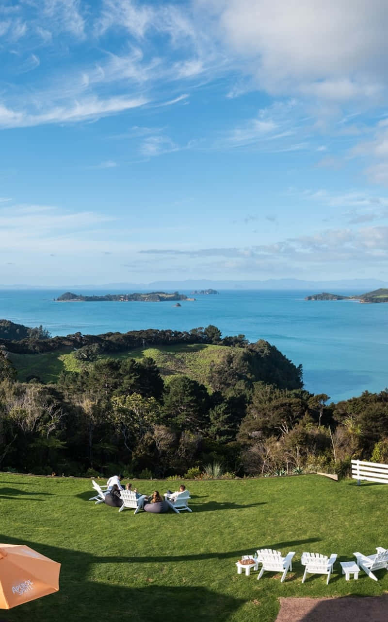 Waiheke Island, white Adirondack chairs, orange umbrella, HD Phone Wallpaper
